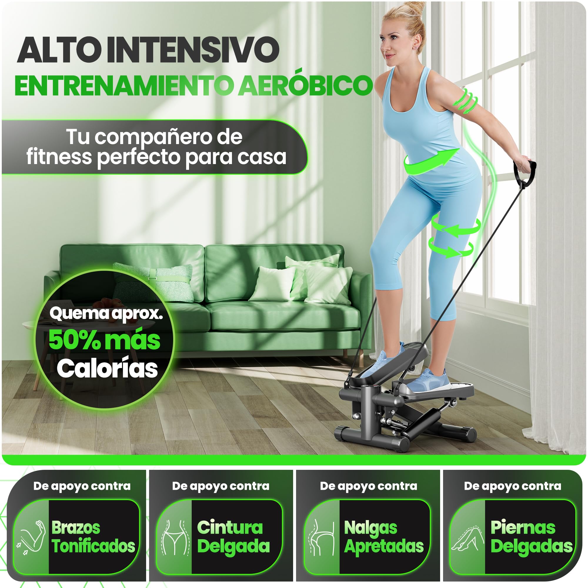 Ultrasport Mini Stepper Fitness en Casa 2 en 1 para Cardio con Monitor LCD, Bandas de Resistencia y Pedales Antideslizantes
