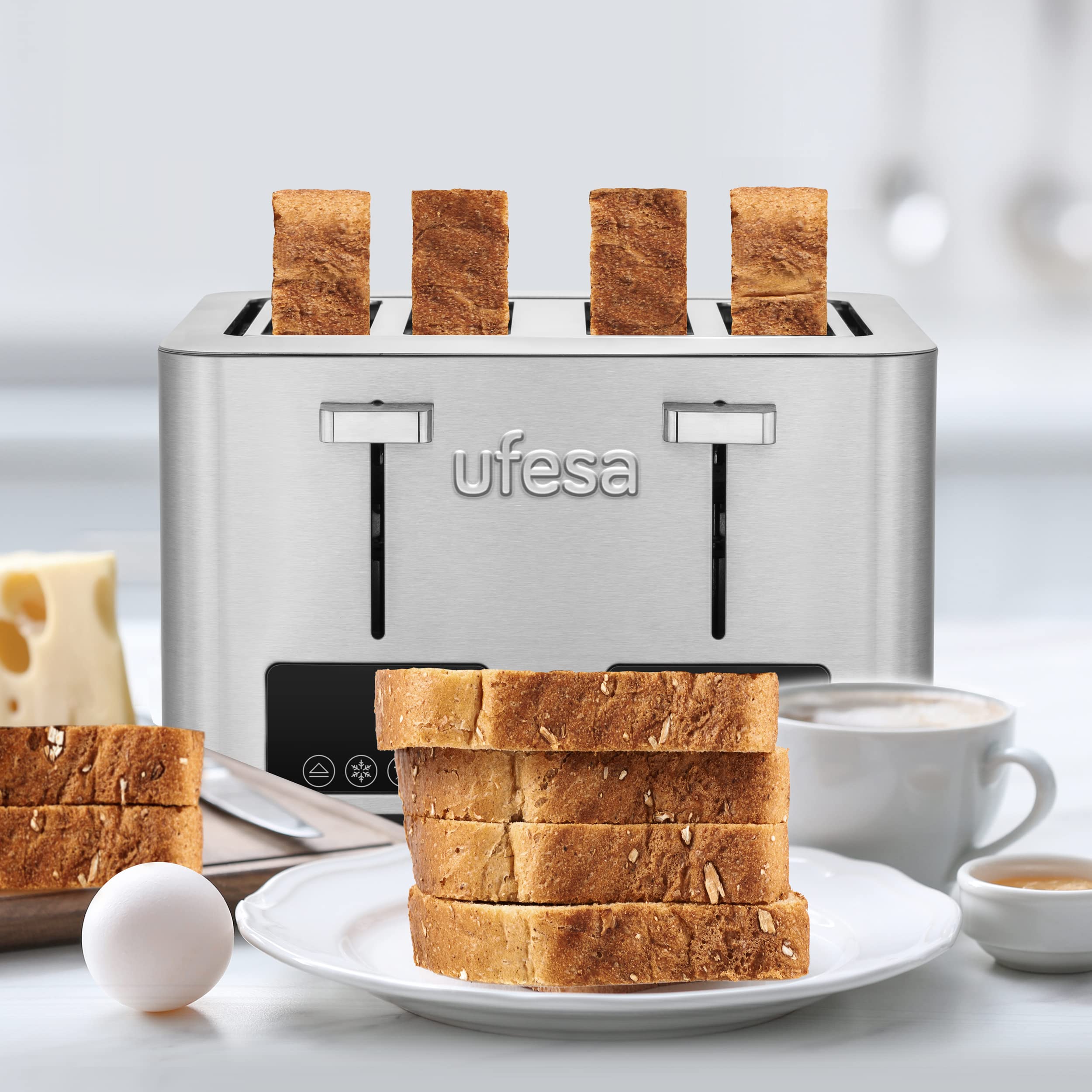 Ufesa Quartet Delux, Grille-Pain Acier Inox, 2 Écrans Digitaux LCD, 1500W, 4 Fentes Extra Large, 7 Niveaux de Grillage, Décongeler, Réchauffer