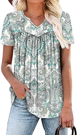 KISSMODA Tops for Womens Summer Cute Short Sleeve Shirts Trendy Notched Neck Blouses Casual Loose Pleated Tunics S-3Xl