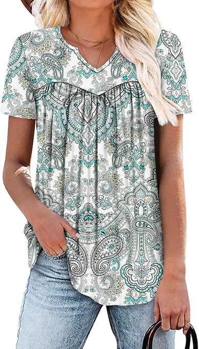 KISSMODA Tops for Womens Summer Cute Short Sleeve Shirts Trendy Notched Neck Blouses Casual Loose Pleated Tunics S-3Xl