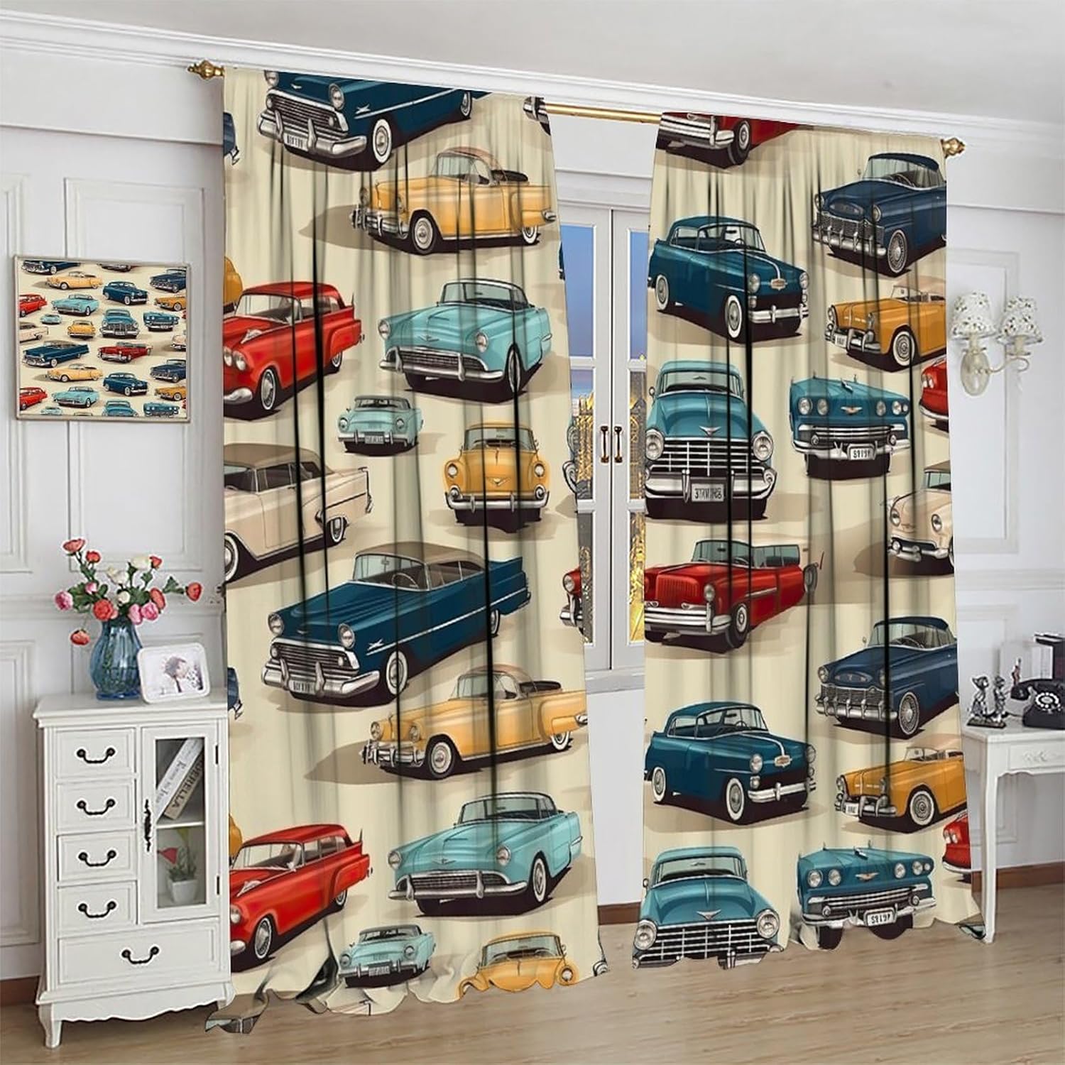 Vintage Car Art Blackout Curtains Classic Automobile History Abstract Line Illustration Retro Industrial Decor Rod Pocket Window Treatments for Kitchen Bedroom Living Dining Room Cafe 42"W X 45"L