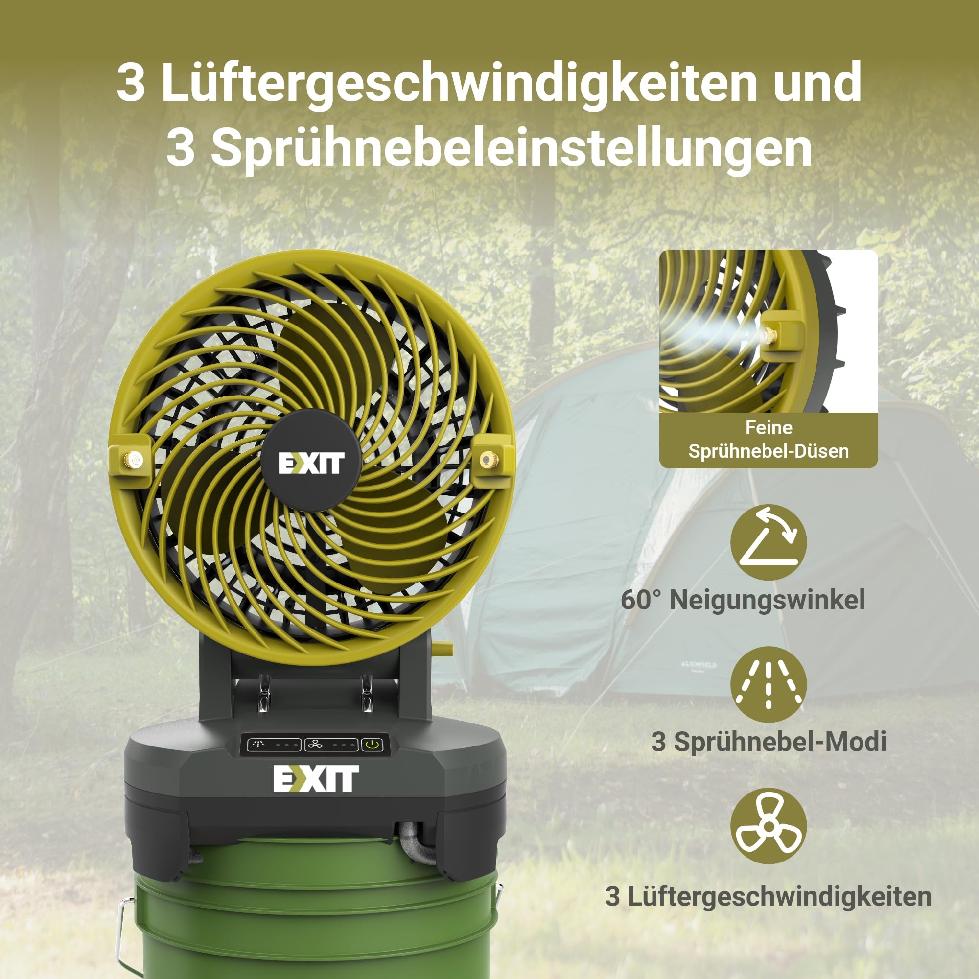 EXIT Akku-Nebelventilator EX022 20V,ideal für Camping, Grillpartys & Strand | 3 Geschwindigkeiten, 3 Nebeleinstellungen, bis 8 Std. Laufzeit, 60° Schwenkkopf, für Camping, Grillpartys & Strand, 19L Eimer