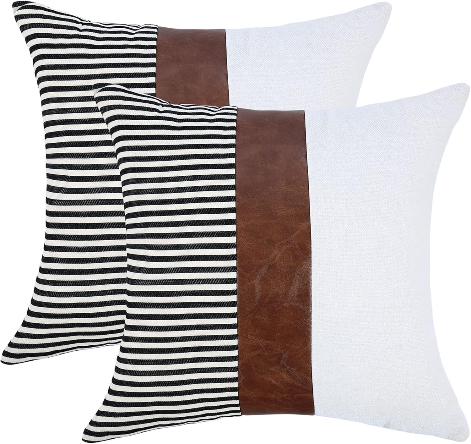 BOYSUM Set of 2 Farmhouse Decorative Throw Pillow Covers Black Striped Patchwork Linen Pillow