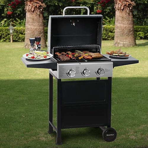 Miniatura 2 de Master Cook Smart Space Living asador de gas propano de 30000 BTU con 3 quemadores para barbacoa, dos estantes plegables, ruedas, portátil