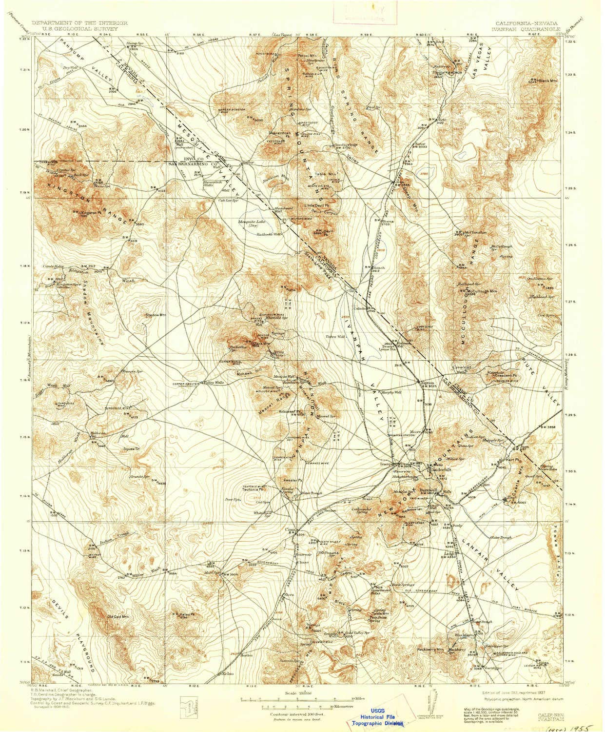 YellowMaps Ivanpah CA topo map, 1:250000 Scale, 1 X 1 Degree, Historical, 1912, Updated 1937, 19.8 x 16.4 in - Paper