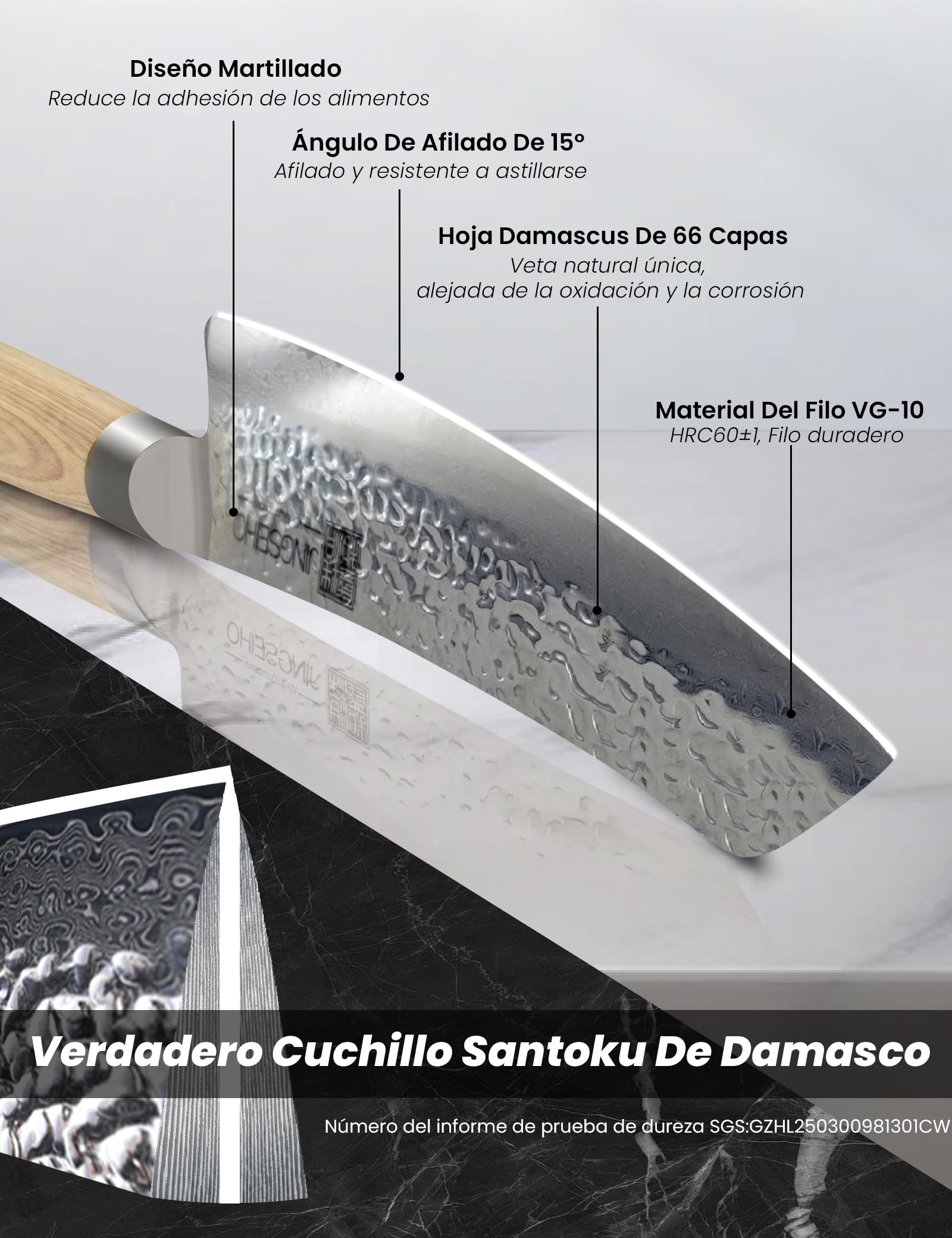 Cuchillo Santoku 18 cm, Núcleo VG-10 HRC60-62 Acero Inoxidable Damasco,Ultra-Duradero, Cuchillo de Cocina Profesional