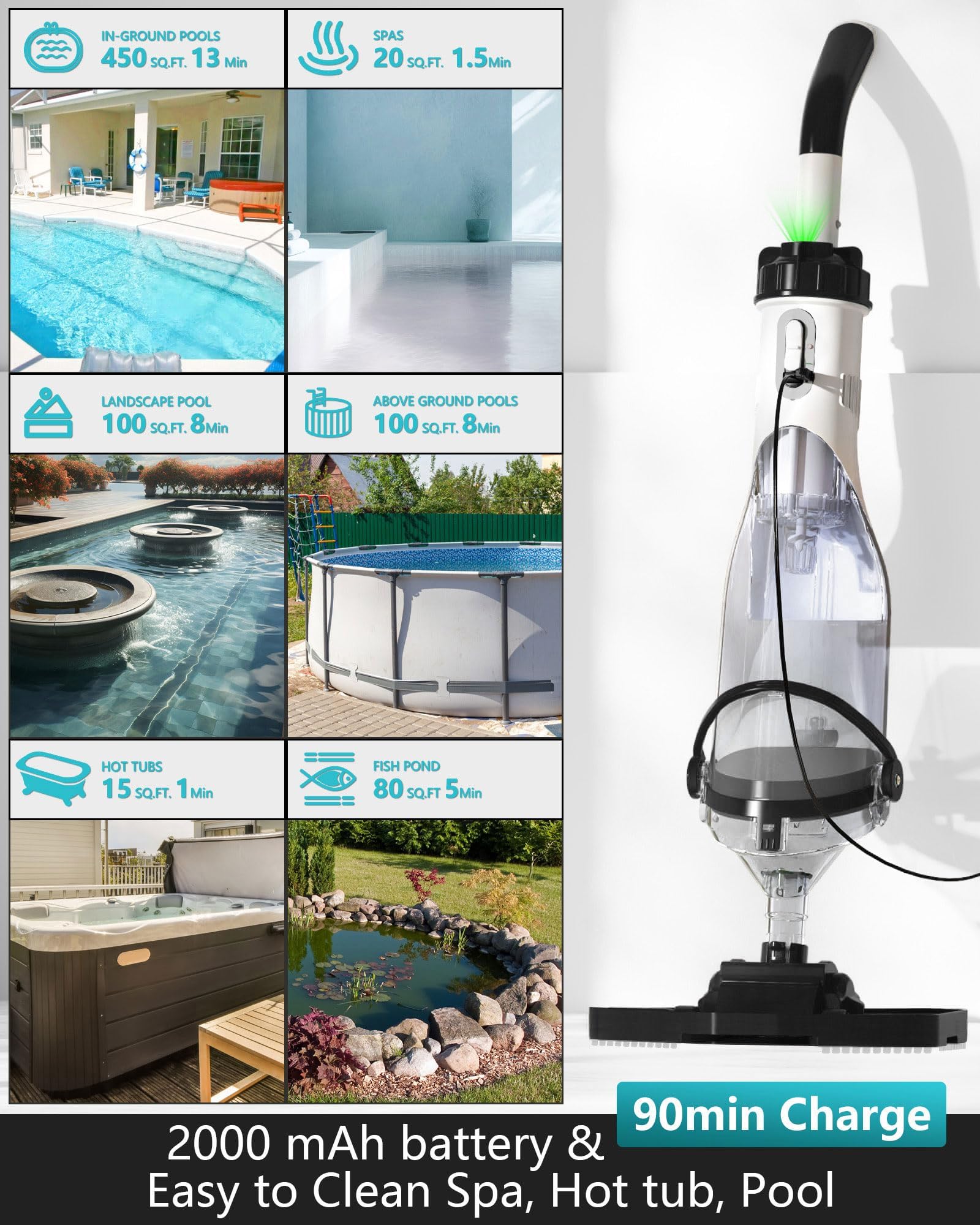 FOTING Aspirapolvere senza fili per piscina fuori terra, 19,5 GPM, testa ad angolo e display LED, aspirapolvere portatile ricaricabile per piscine interrate per vasca idromassaggio, detriti, gradini