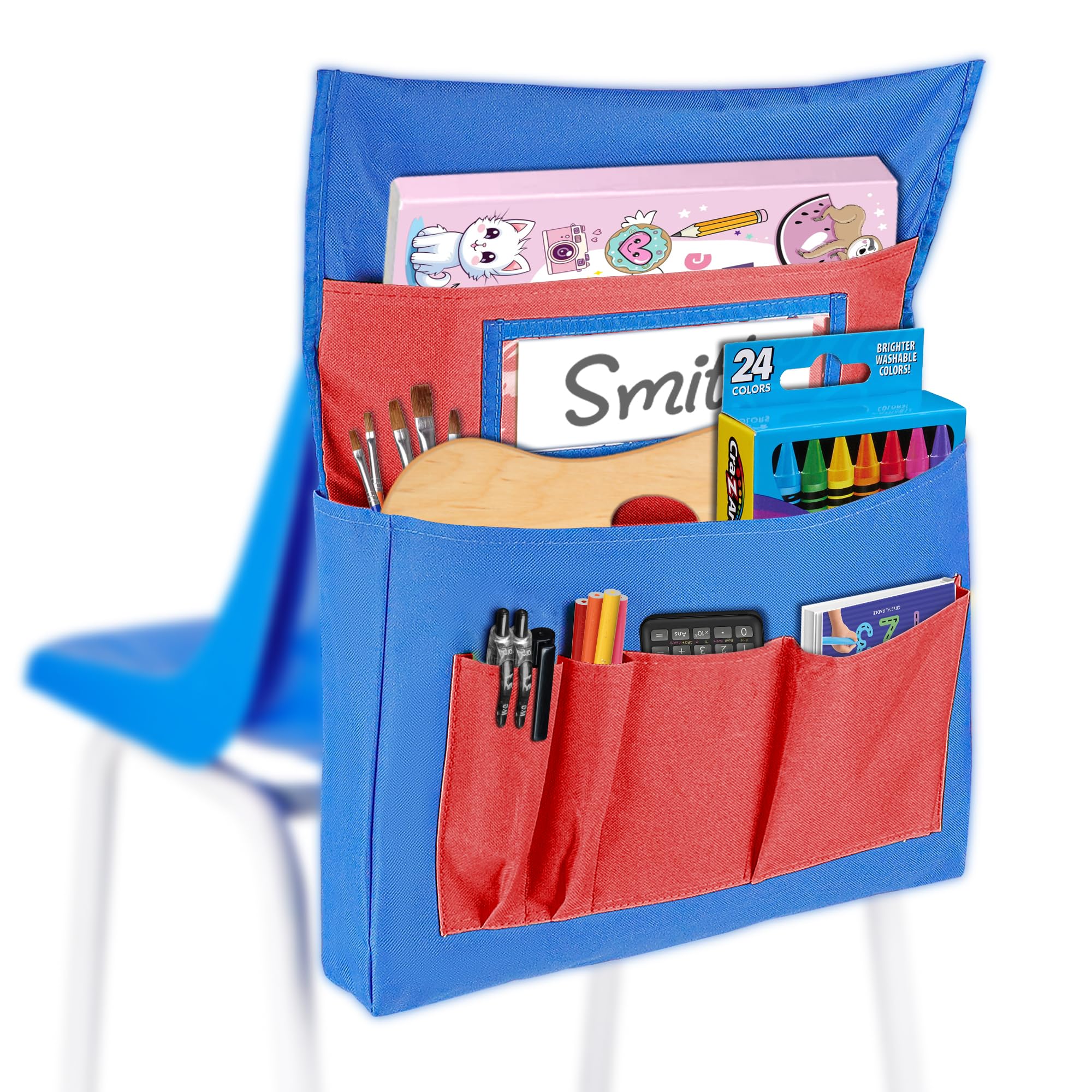 ZKOO Chairback Buddy Organizer Pockets with Name Tag Slot For Kids in 6 Pockets Keeps Student Organized Chair Pockets for Classroom Home School Daycare (Blue + Red)