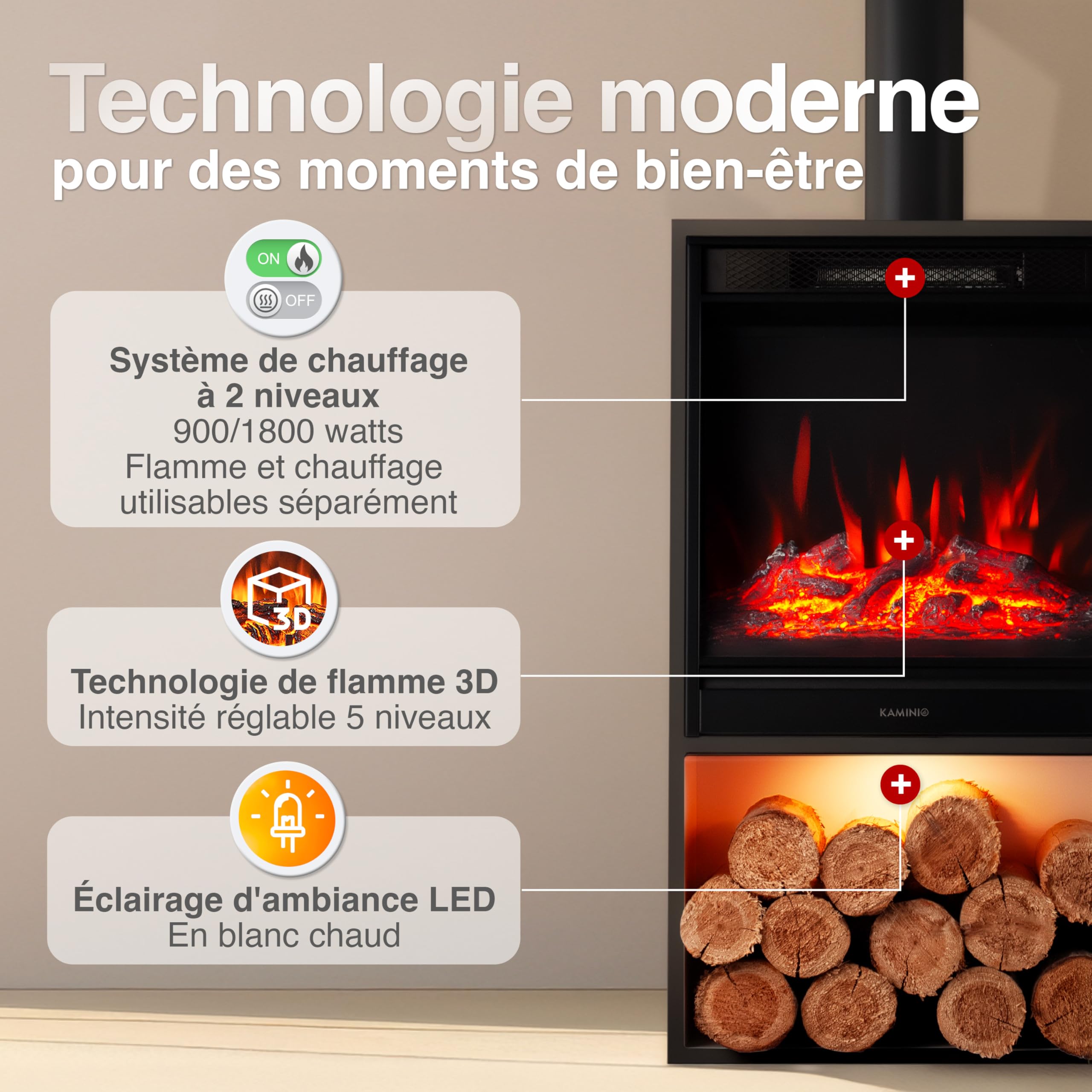 KAMINIO Cheminée électrique Hugo avec Tuyau de poêle - Poêle électrique avec Chauffage, Effet de Flamme 3D, lumière d'ambiance LED, Casier à Bois, télécommande (Noir)