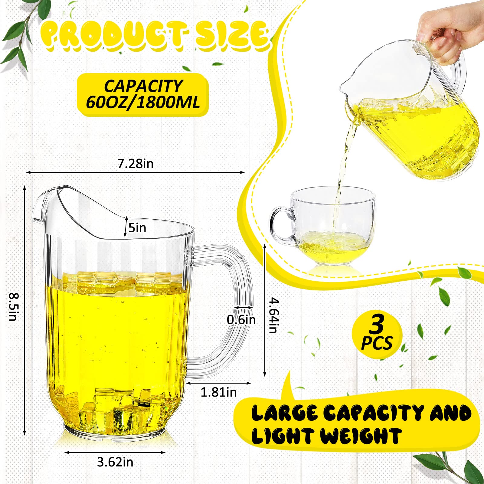 Tessco - Confezione da 3 brocche in plastica trasparente da 1700 ml, moderne, infrangibili, leggere, per ristoranti, feste, bar, brocche per acqua, latte, succhi di frutta, birra
