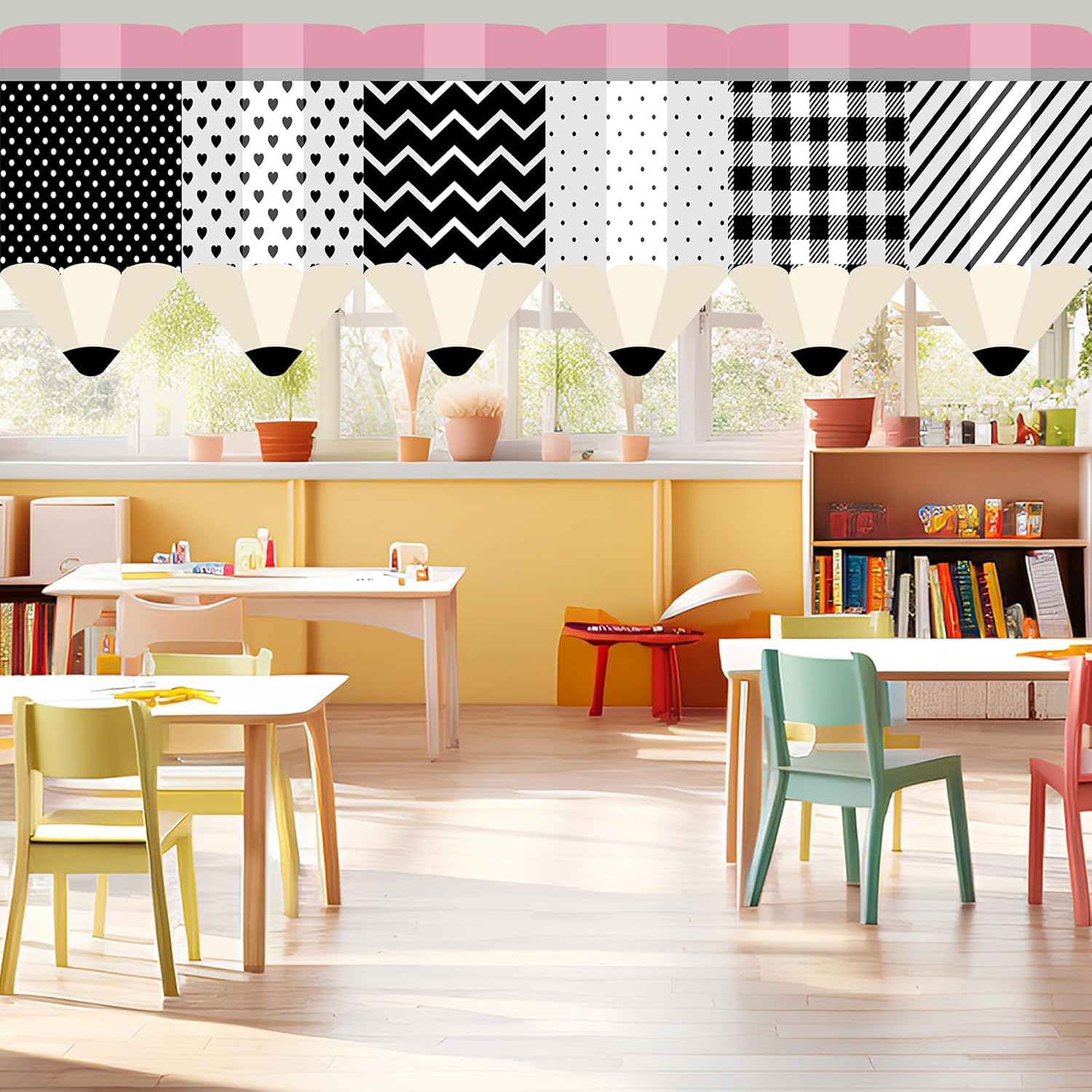 gisgfim 6Pcs Classroom Pencil Curtains Back to School Black White Pencil Window Curtains for Kindergarten Daycare Primary First Day of School Classroom Bedroom Playroom Cover Decor 36 x 24Inches
