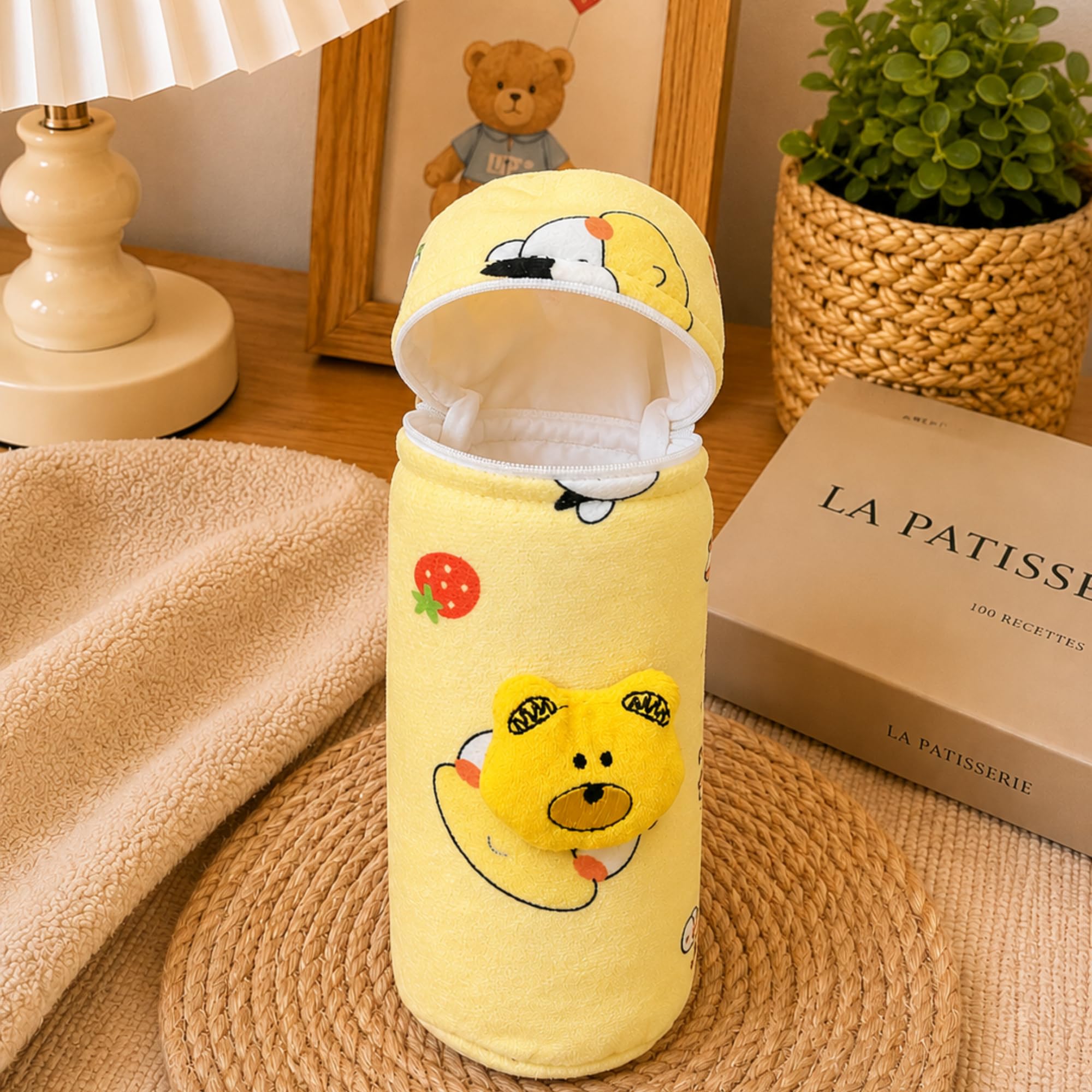 THE LITTLE LOOKERS Soft Plush Stretchable Baby Feeding Bottle Cover with Easy to Hold Strap (Blue & Yellow, Zip Closure 240ml/8OZ) 2