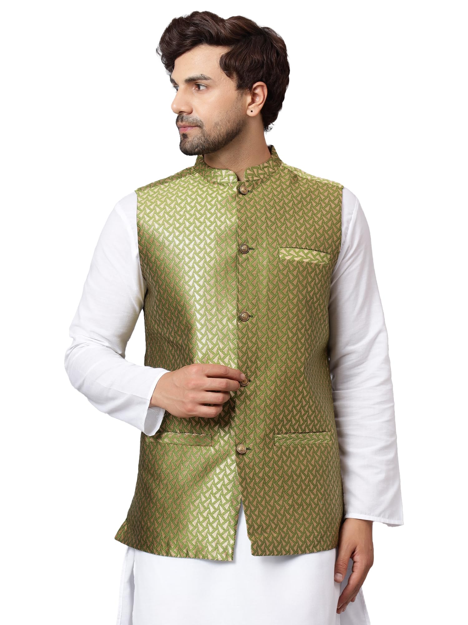 Indo Era Men's Traditional Silk Cotton Geometrical Printed Premium Nehru Jacket/Waistcoat in multi
