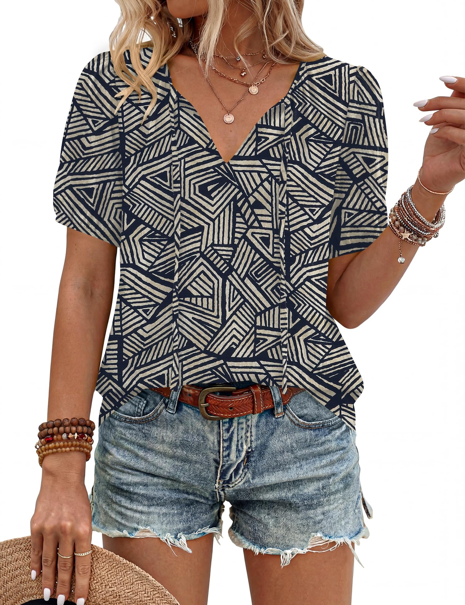 Rapbin Bluse Damen Sommer Boho V-Ausschnitt Vorn Gebunden Oberteile Kurzarm Lässige Lockere Fließende Tunika Tops Damenblusen Elegant