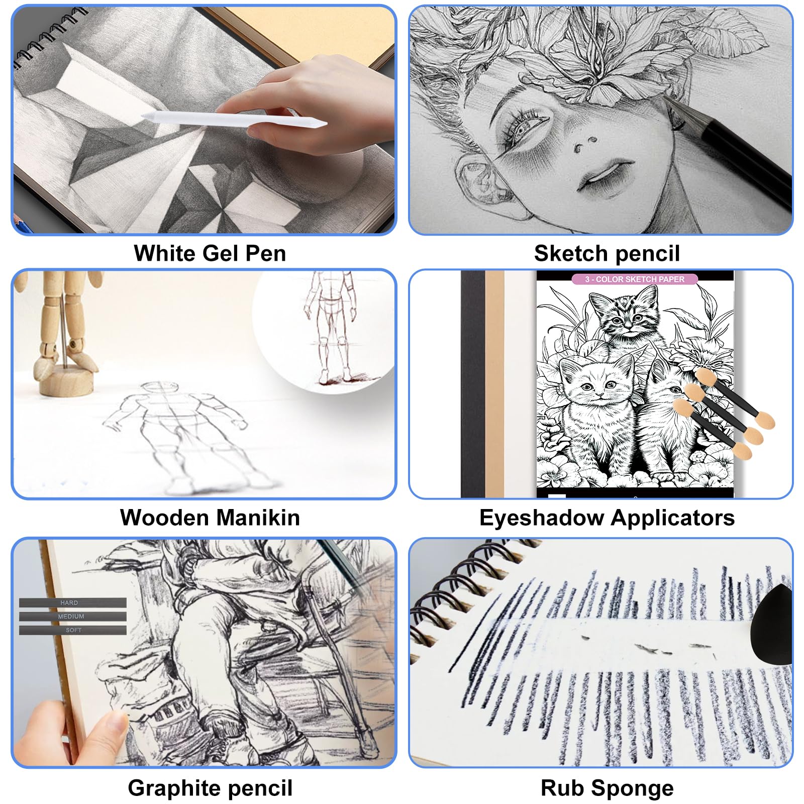 USHOP Set di Disegno e Schizzo da 70 Pezzi,Kit da disegno,Kit Matita Disegno,Forniture Artistiche Professionali,con album da disegno 3 colori,per Principianti Bambini,Artisti,Studenti