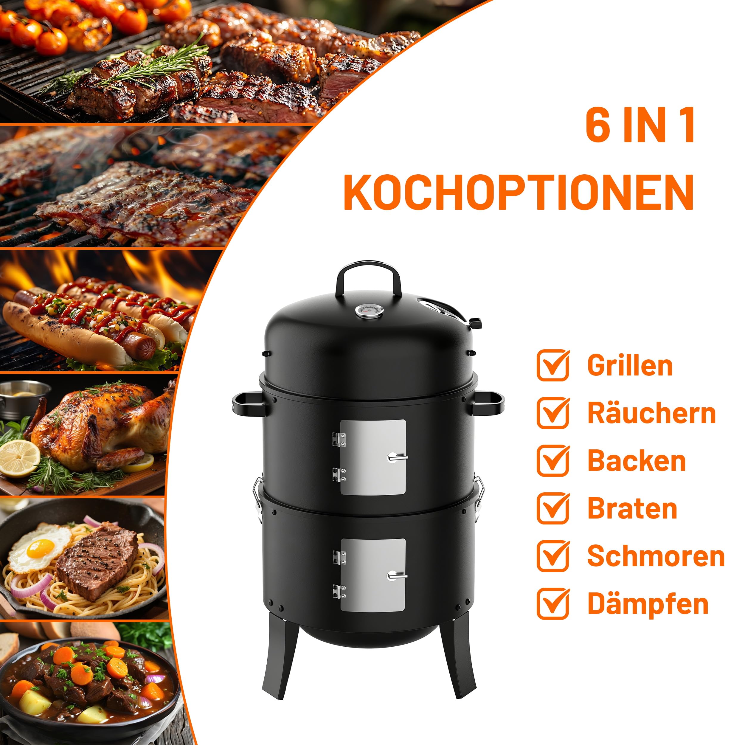 KEYO GRILL Tragbarer Räucherofen - 342 Quadratzoll, Robuster 3-in-1-Holzkohlegrill mit 2 Edelstahlrosten & Eingebautem Thermometer, Campinggrill für Garten, Schuppen, Terrasse