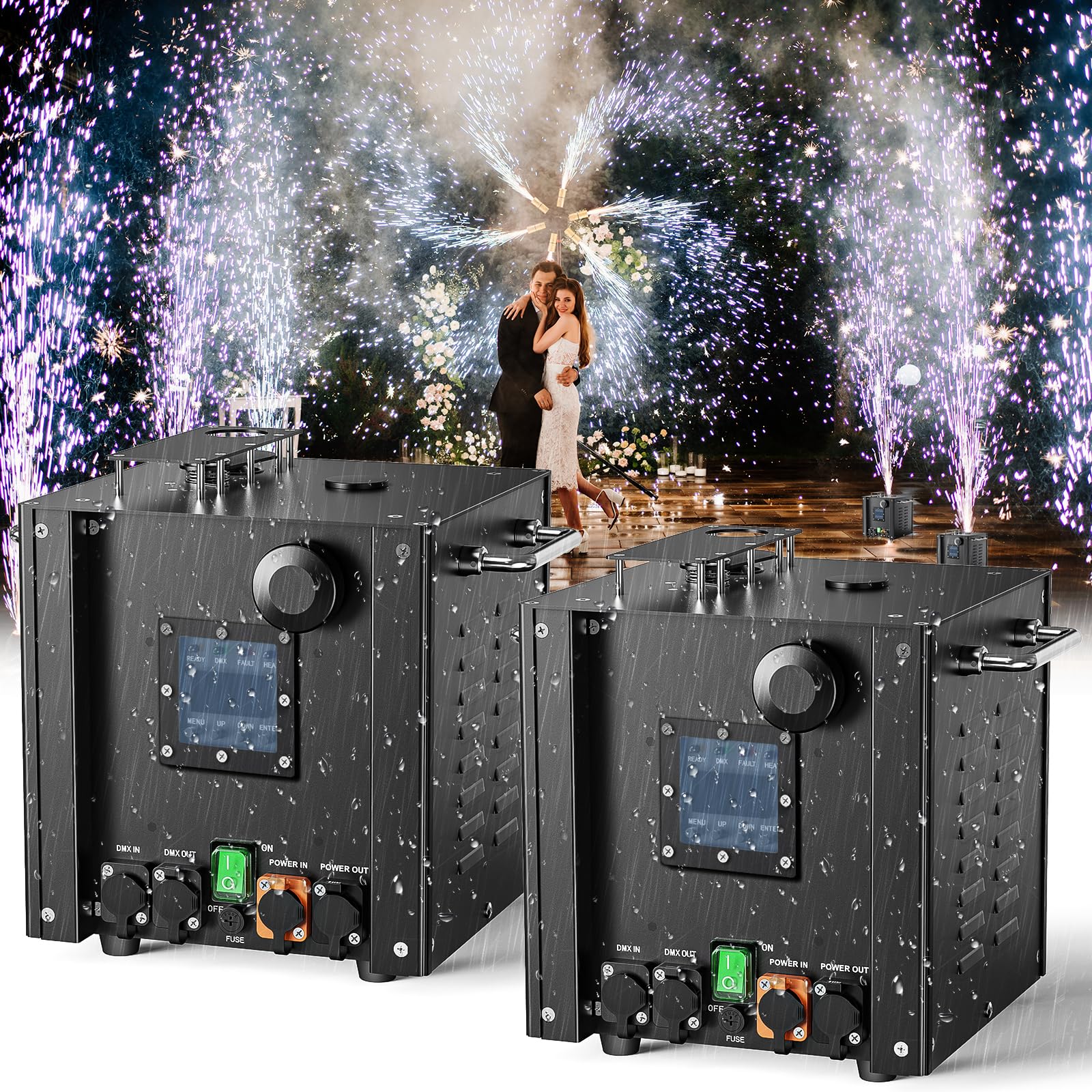 700W Wasserdicht Pyrotechnikmaschinen Cold Spark Feuerwerksmaschine LCD Display BüHneneffekt Effekt Machine mit Fernbedienung für Party Halloween Weihnachten Hochzeit (2 Stück)