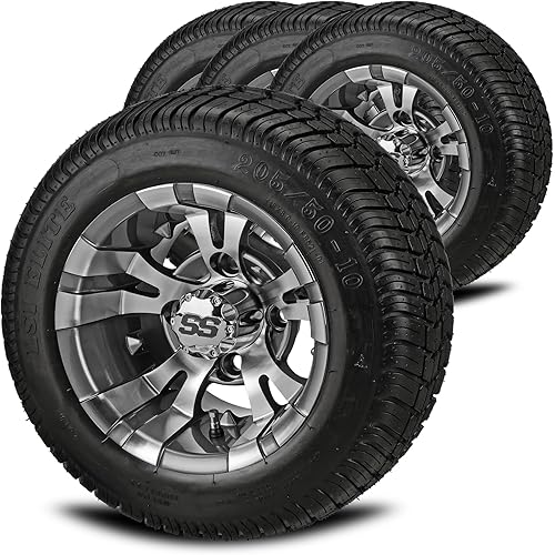 RM Cart 10" Warlock Gun Metal Gray/Machined on 205/50-10 LSI Elite Low Pro Tires (Set of 4) | Golf Cart Tires and Wheels Combo with Metric Lug Nuts