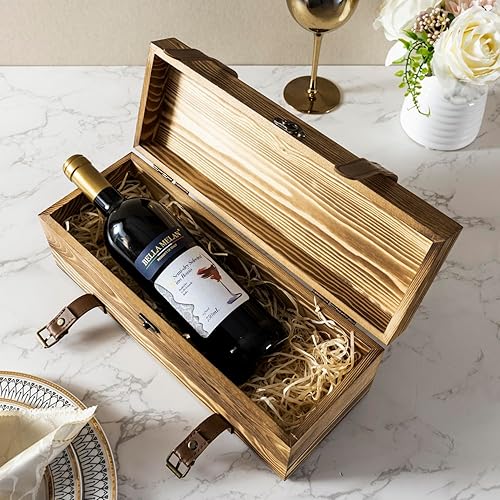 Miniatura 9 de MyGift Wooden Wine Gift Box, Whiskey Box with Locking Latch & Leather Straps, for Christmas, Wedding Champagne, Beer,Vintage Rustic Brown, 14x5x5