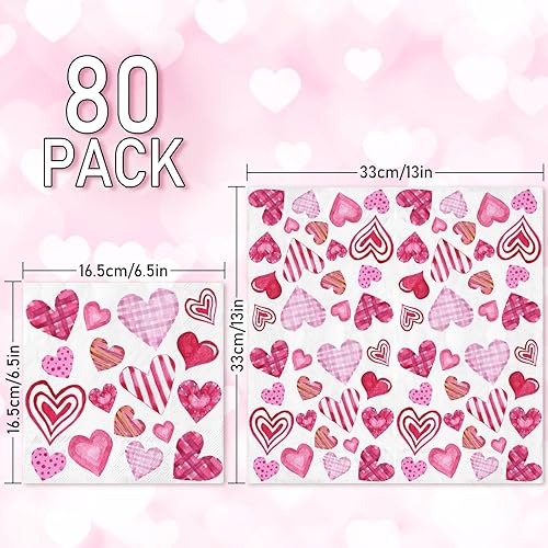 Miniatura 2 de Whaline 80 servilletas de papel de San Valentín de 6.5 x 6.5 pulgadas desechables con corazón blanco y rosa, servilletas de cena a cuadros a rayas