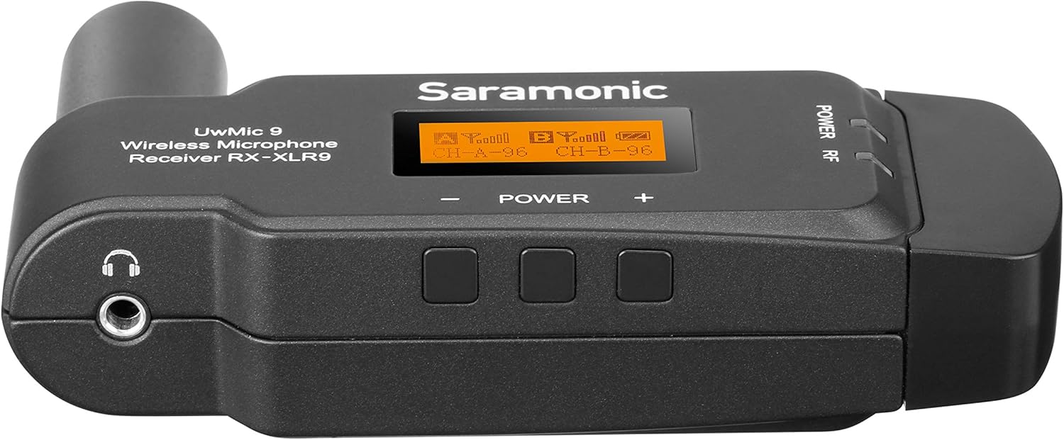 Side view of the Saramonic UwMic9 RX-XLR9 receiver showing the USB-C port and XLR connector.