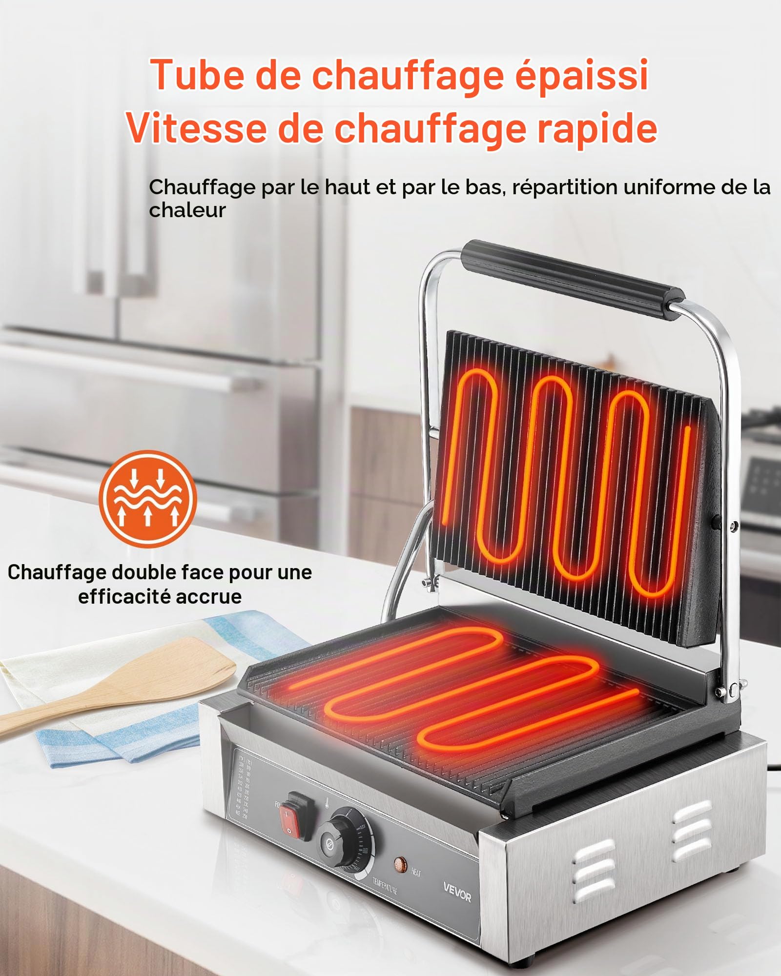 VEVOR Gril Panini Électrique 2200 W, Machine à Panini avec Plaque Émaillée Plate de 34x23 cm, Appareil à Sandwich en Inox, avec Poignée et Contrôle de la Température, pour Hamburger, Steak, Cuisine