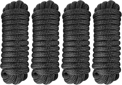 Dock Lines - Paquete de 4 líneas de muelle de nailon trenzado doble de 58 pulgadas x 25 pies con un bucle de 15 pulgadas, líneas de muelle de grado