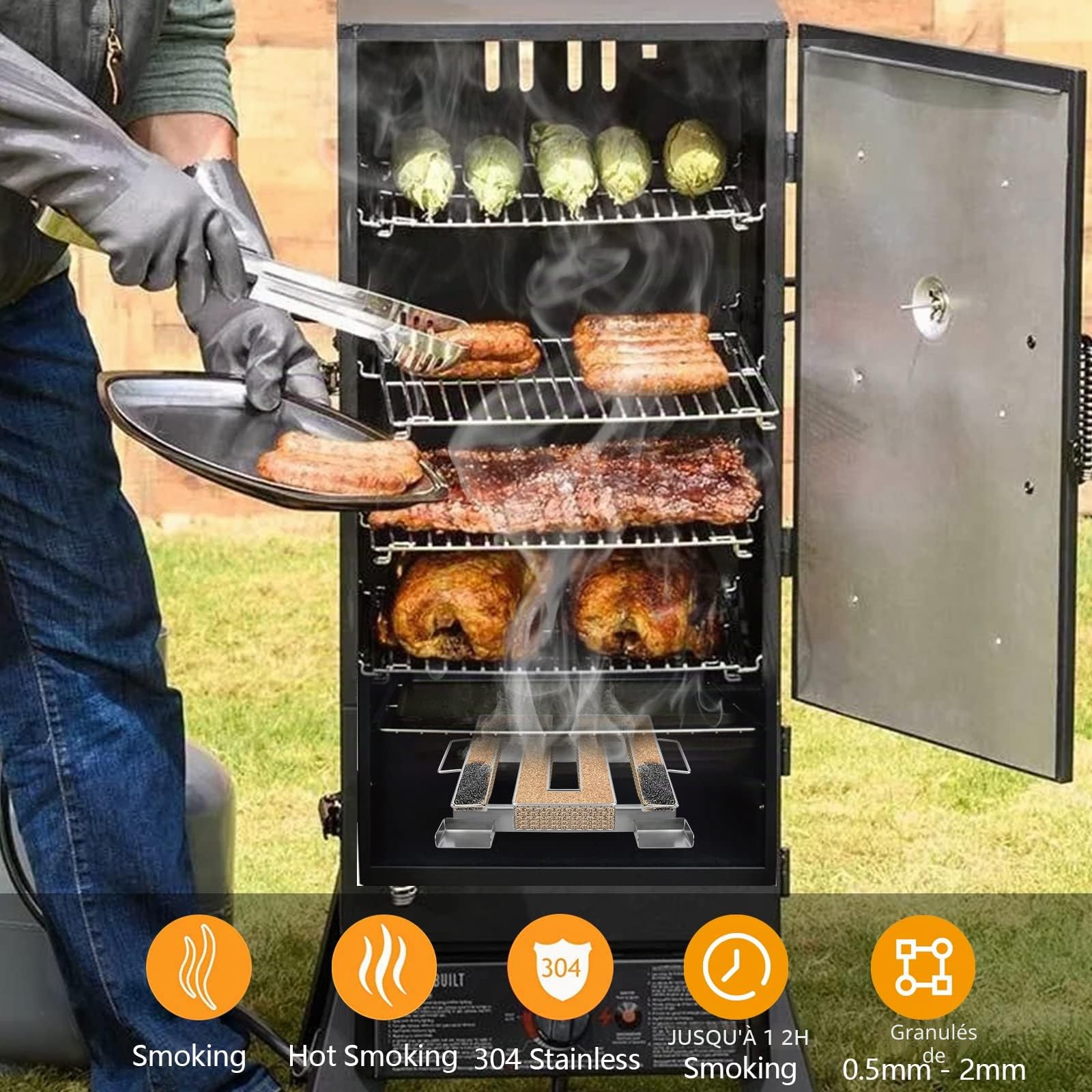 mizikuu Générateur de fumée froide avec poignée en acier inoxydable avec 6 crochets à viande + 2 brosses de nettoyage pour barbecue, fumoir à fumer et bien plus encore (22,5 x 21 x 4 cm)