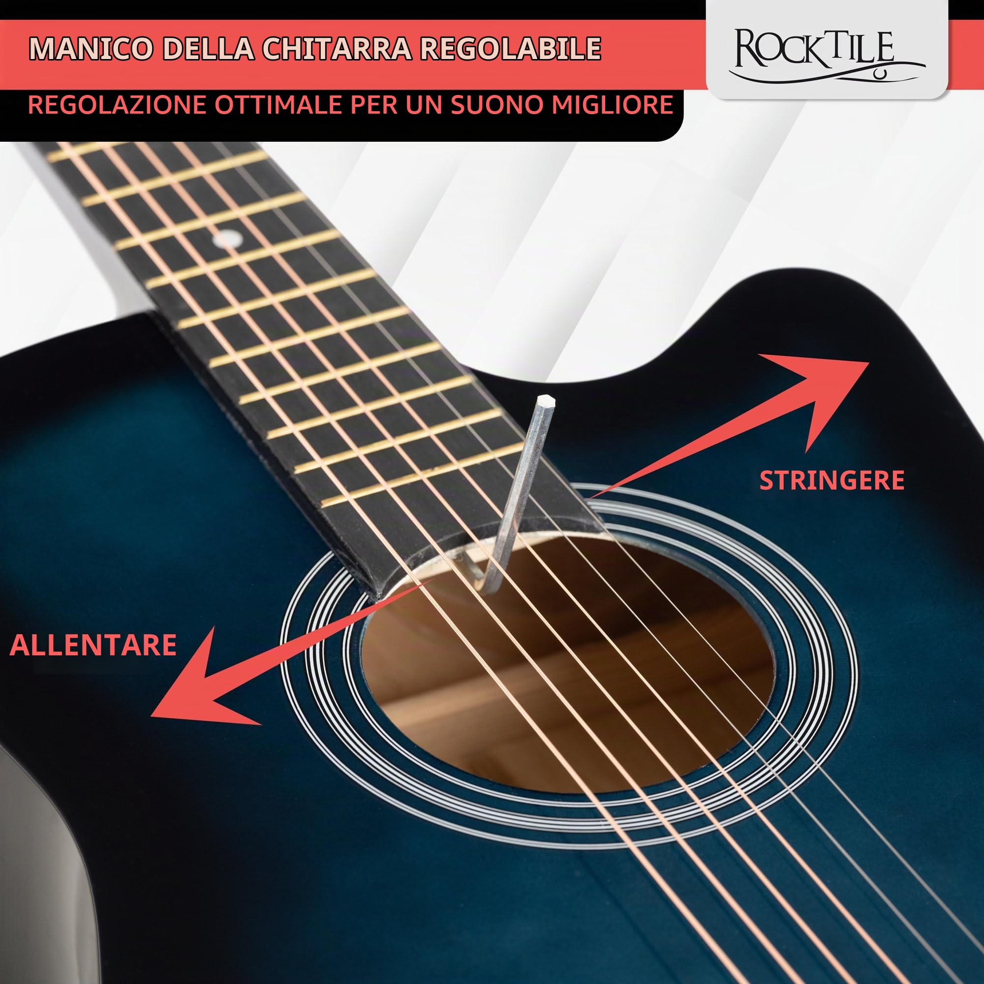 Rocktile WSD-5C-BUB Slim Line Set Chitarra Western Blueburst, Generale | Modello: WSD-5C-BUB, Peso: 1, 4 kg, Lunghezza totale: 95 cm, Numero di corde: 6, Orientamento: Destrimano, Corpo, Top: Tiglio