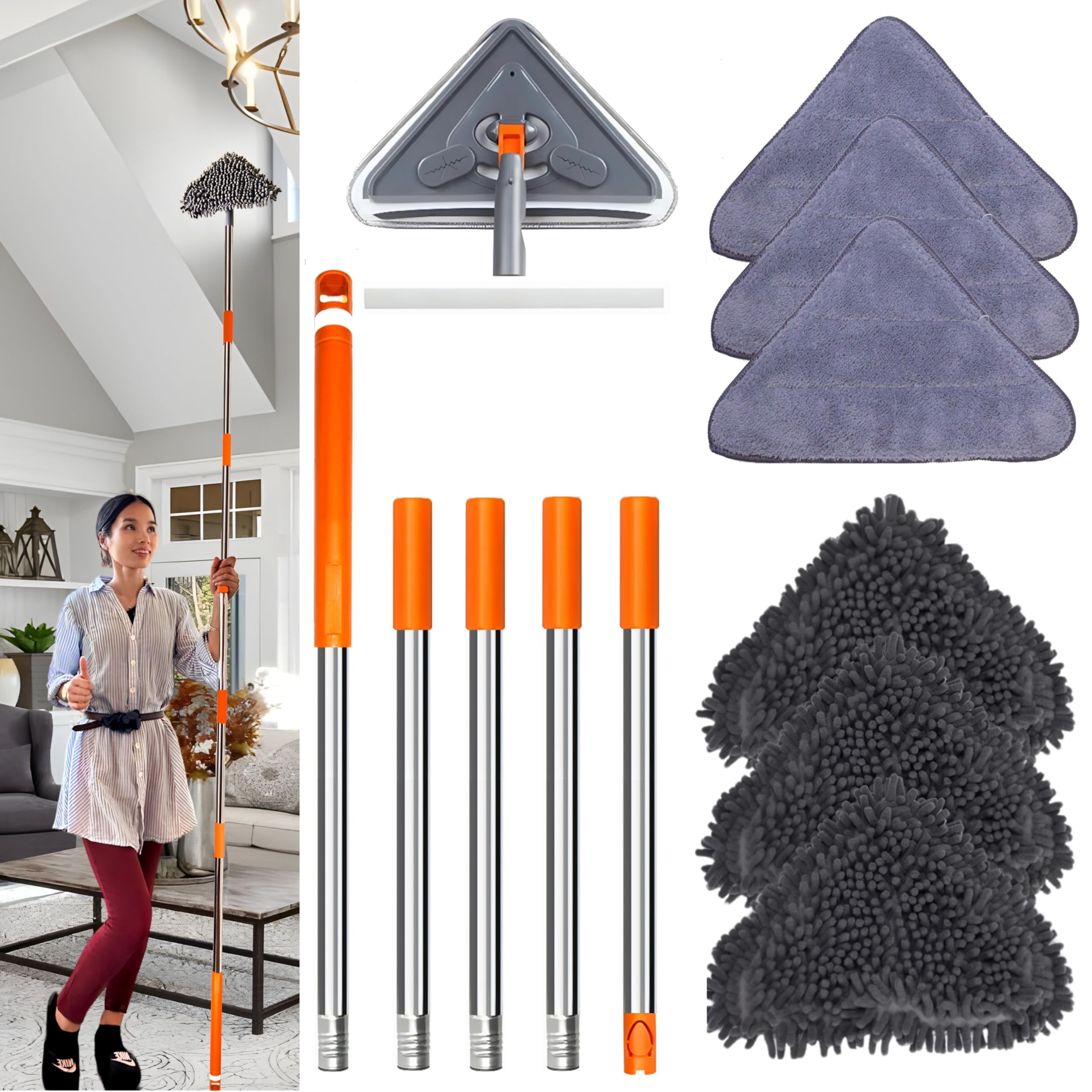 Ajboxme 39â€? to 98â€? Wall Cleaner Mop with Long Handle, 360Â° Rotatable Triangle Tool for Floor, Wall, Baseboard, Ceiling, Window, 6 Replacement Microfiber Chenille Pads