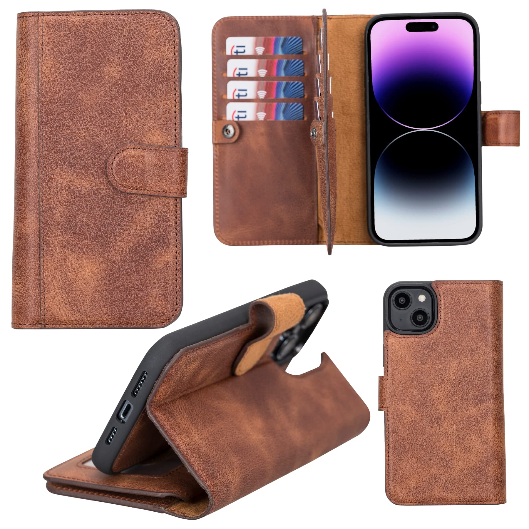 HARDISTON Genuine Premium Leather Handmade Wallet Case for iPhone 14 - MagSafe Compatible - Double Folio Card Holders - Detachable Magnetic Flip Cover