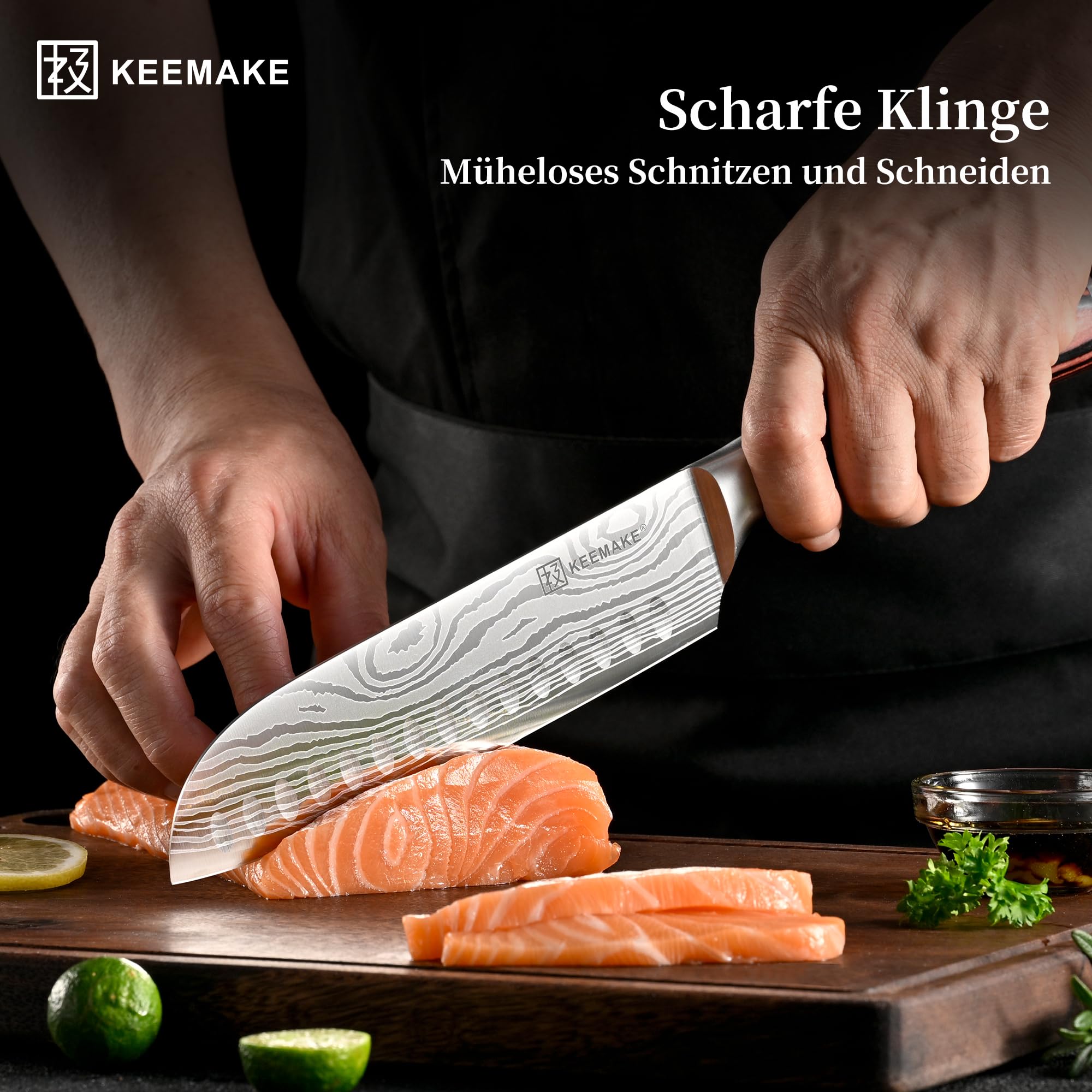 KEEMAKE 5-teiliges Profi Messerset Küchenmesser Set aus scharfem Edelstahl - Japanisches Kochmesser Design mit Pakkaholz Griff, inkl. Santoku, Brotmesser & Geschenkbox, Vatertagsgeschenk für Papa