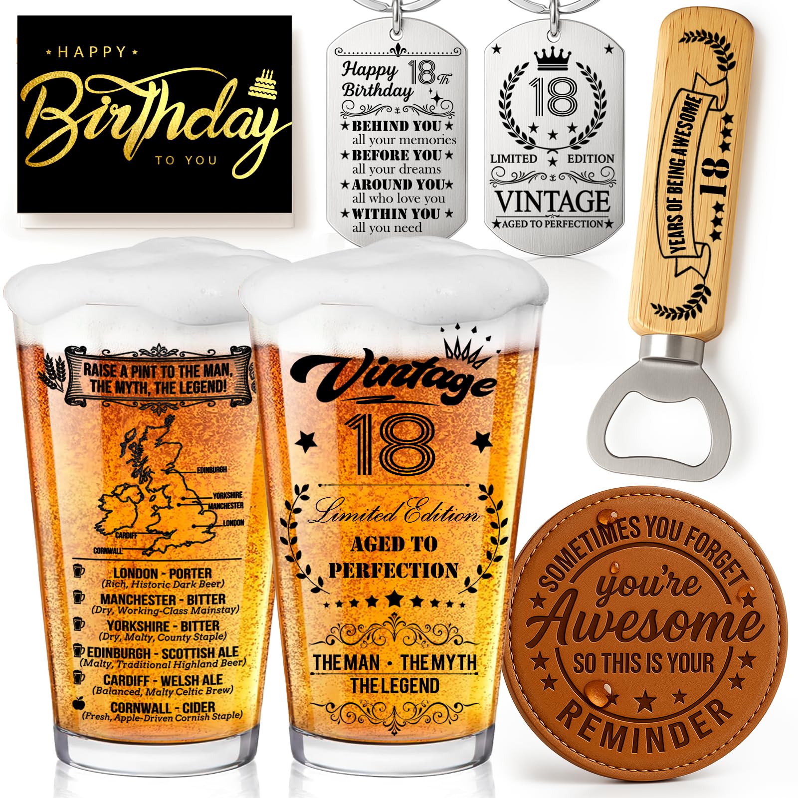 Joybble 18th Birthday Gifts for Boys, Birthday Decorations Vintage 18th Beer Glass Sets for Boys, Christmas Personalised Gift Beer Glasses Gift Ideas, Leather Coaster & Vintage Keychain for Him