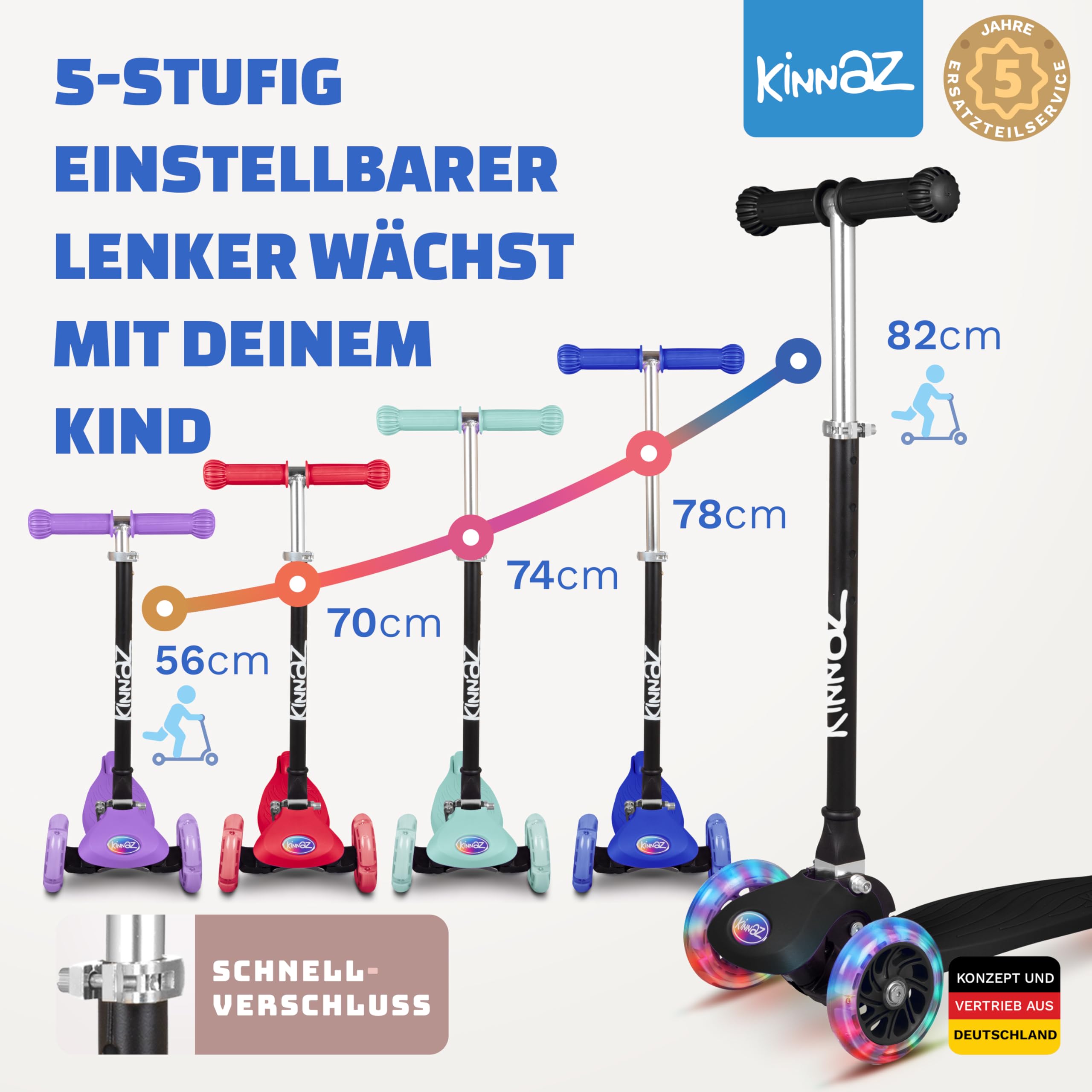 Kinderroller kinnaz ONE, LED Räder, Faltbar, Mitwachsend, 2-7 Jahre, Focus Empfehlung, Roller Kinder 2 Jahre, ab 3 Jahre, Tretroller, kein Wegwerfprodukt, über 100000 verkauft, aus Hamburg