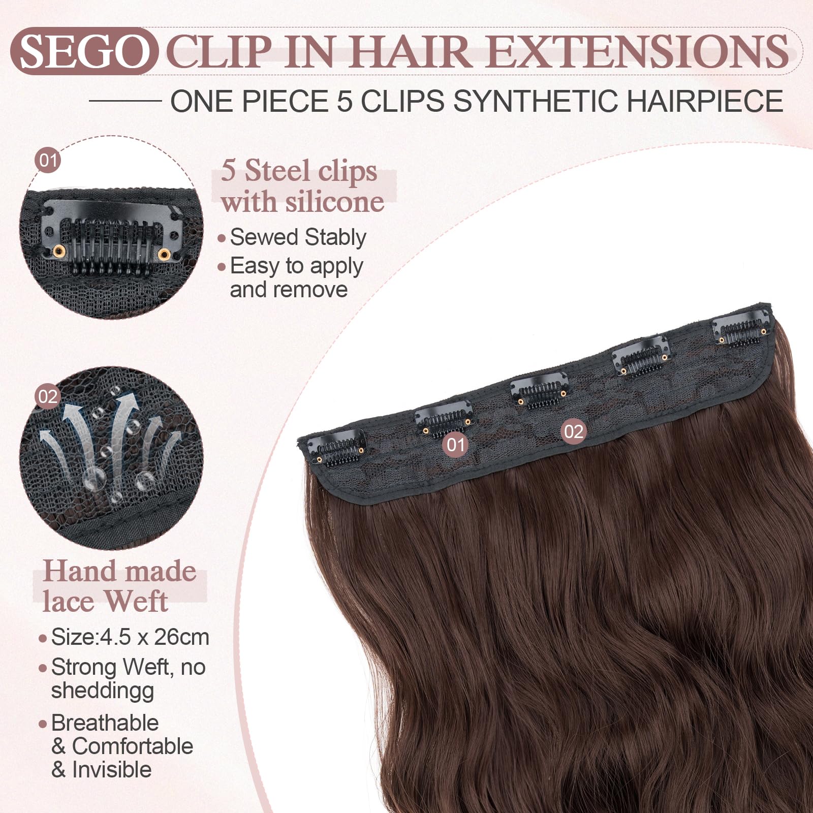 SEGO 3/4 Full Head Clip in Hair Extensions Long Wavy Synthetic Hairpiece 20 Inch One Piece Clip In Hairpiece With 5 Secure Clips - Image 2