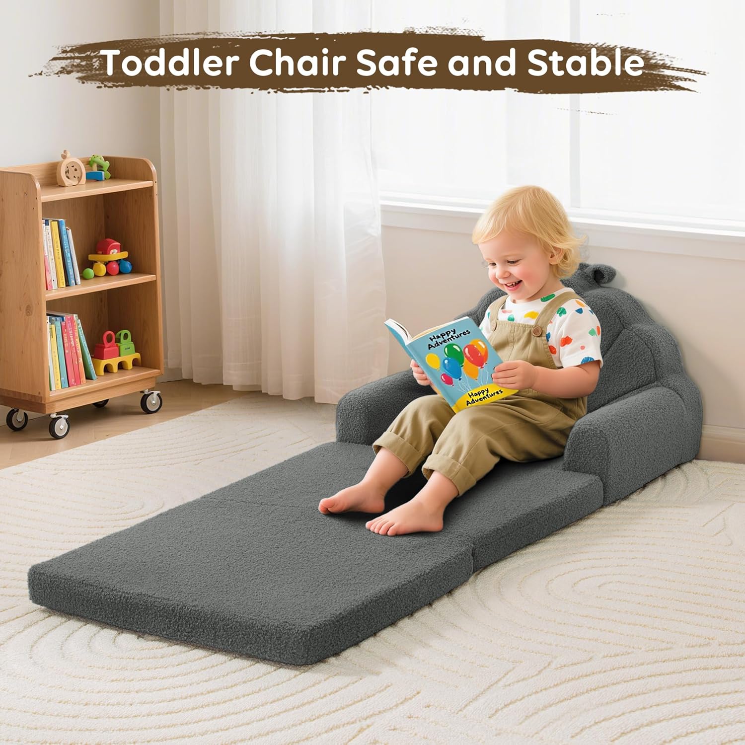 Toddler Chair for Kids, 2-in-1 Soft Couches That Fold Out for Toddler, Convertible Baby Sofa to Lounger for Playroom with Cute Petal Design,Gray - Image 5