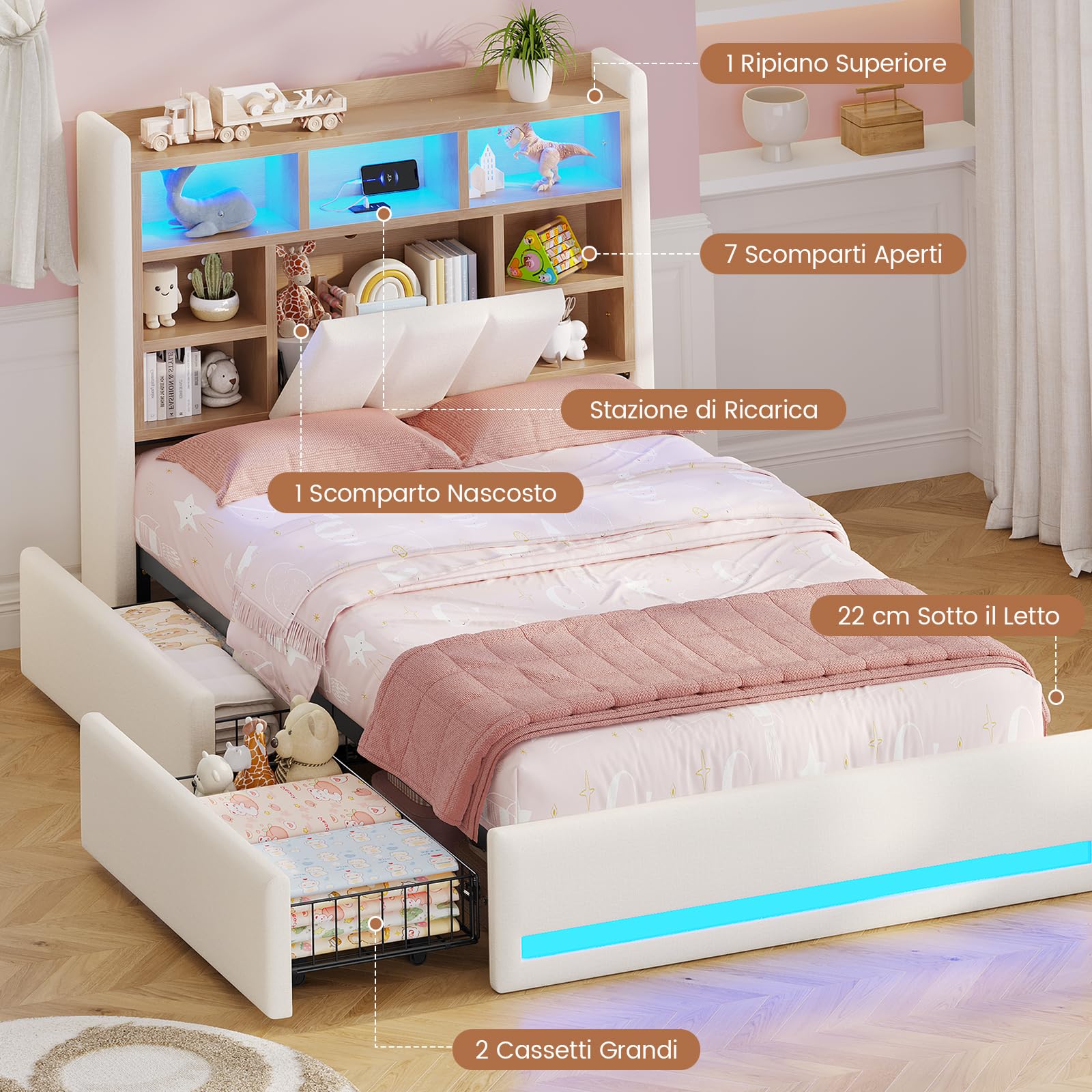 AOGLLATI Letto Singolo Imbottito 90x200 con Cassetti, Letto Contenitore