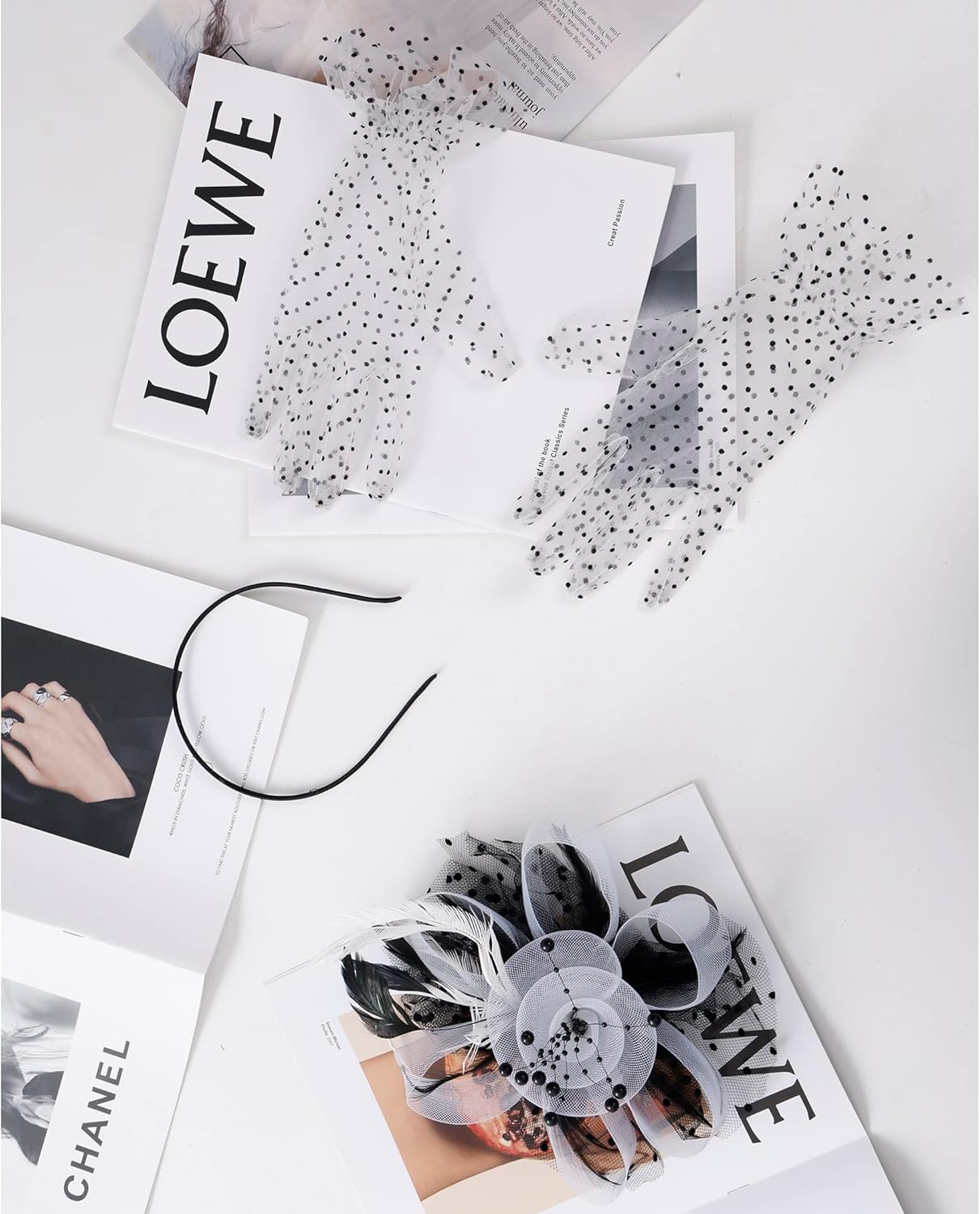 Fascinators Hat Clip Hat Wedding Cocktail Tea Party Headwear and Short Lace Bowknot Gloves for Women - Image 6