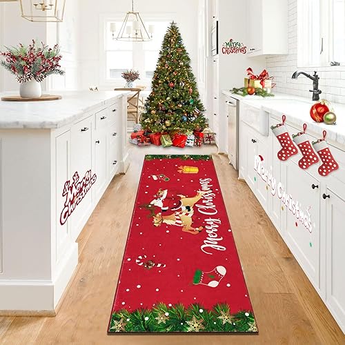 Homcomoda Alfombras de camino de Navidad de Papá Noel para pasillo, 2 x 6, antideslizantes, color rojo, alfombras de pasillo de cocina, alfombras