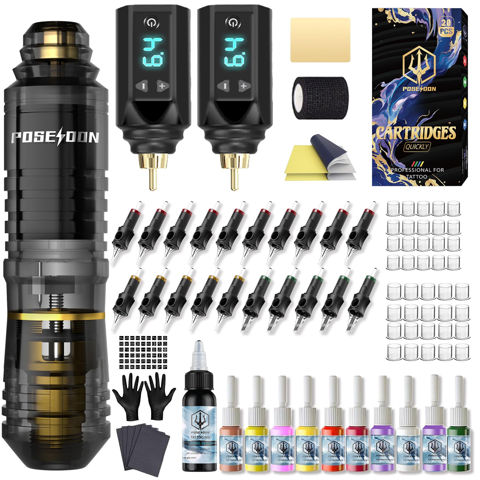 Kit de Machine à Tatouer Rotative Sans Fil POSEIDON avec 20 Cartouches d'Aiguilles,Encres & 2 Batteries Rechargeables | Pistolet à Tatouer Professionnel Portable pour Débutants | Fournitures Complètes