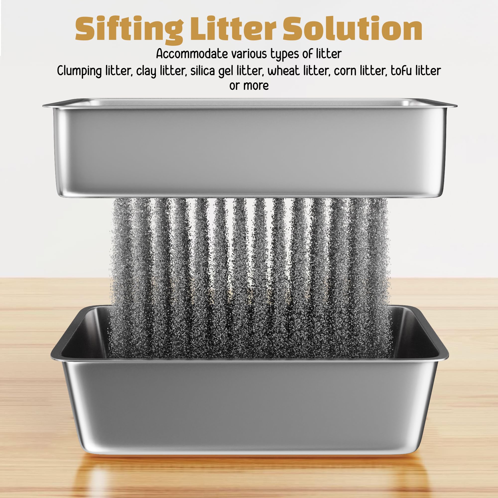 Tom & Sora Creations Stainless Steel Sifting Litter Box, Sifting Cat Litter Box for Pine Pellets and Clay Litter, Multifunctional, Low Maintenance, Odor Free, Leak Free, Enclosed, XL, Grey - image 3