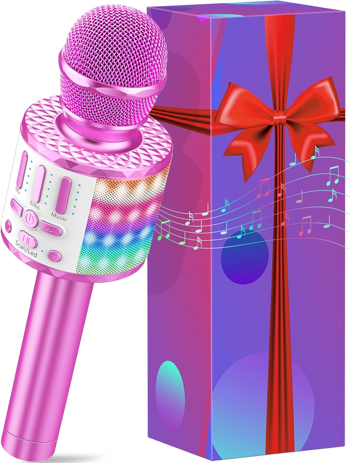 Wireless Bluetooth Karaoke Microphone for Kids, Portable LED Microphone for Singing, Ideal Birthday Gift for Girls and Boys Ages 4-12