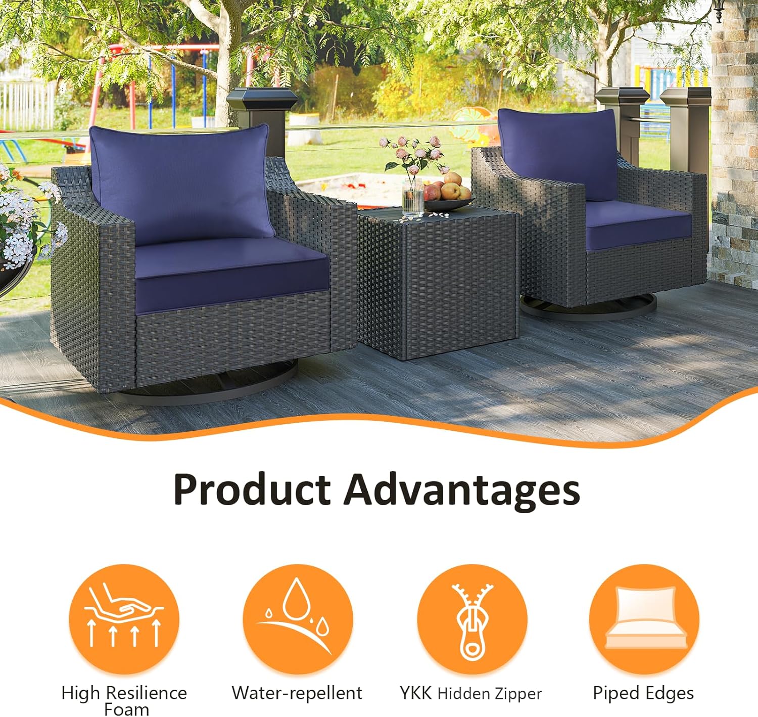 Outdoor Patio Chair Cushions Set, 24 x 24, Set of 2, Water-Repellent, Fade Resistant, Deep Seat Bottom and Back Cushion for Backyard, Couch, Sofa and Patio Furniture, Navy