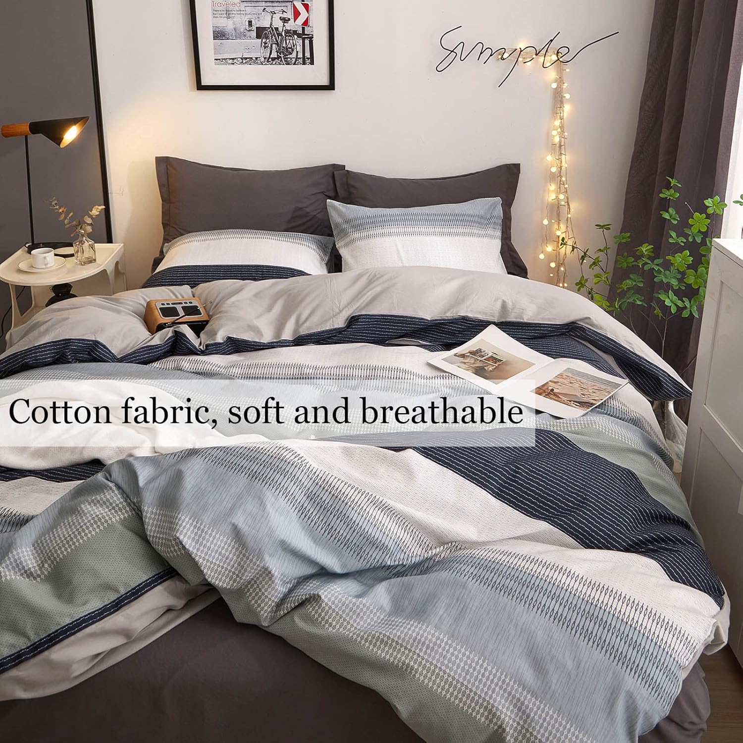 DREAMINGO Queen Duvet Cover Gray Blue White Stripes Modern Geometric Bedding Set for Teen Boys Men 100% Cotton Lightweight Soft Reversible Quilt Cover with Zipper