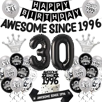 30th Birthday Balloons Decorations for Men Women, Awesome Since 1996