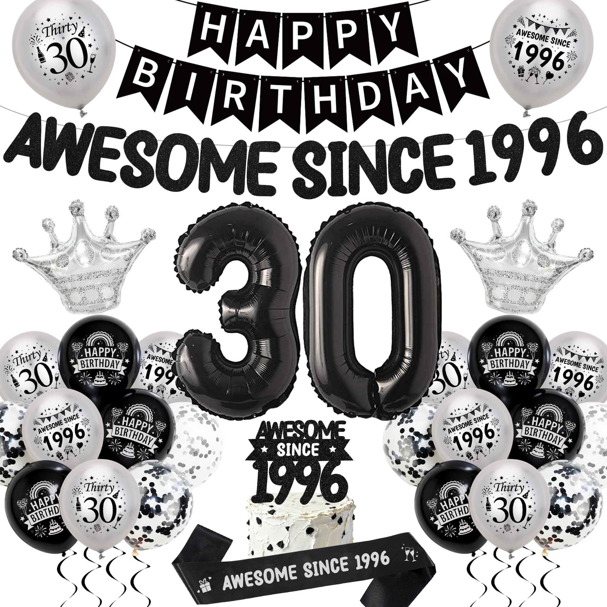 30th Birthday Balloons Decorations for Men Women, Awesome Since 1996