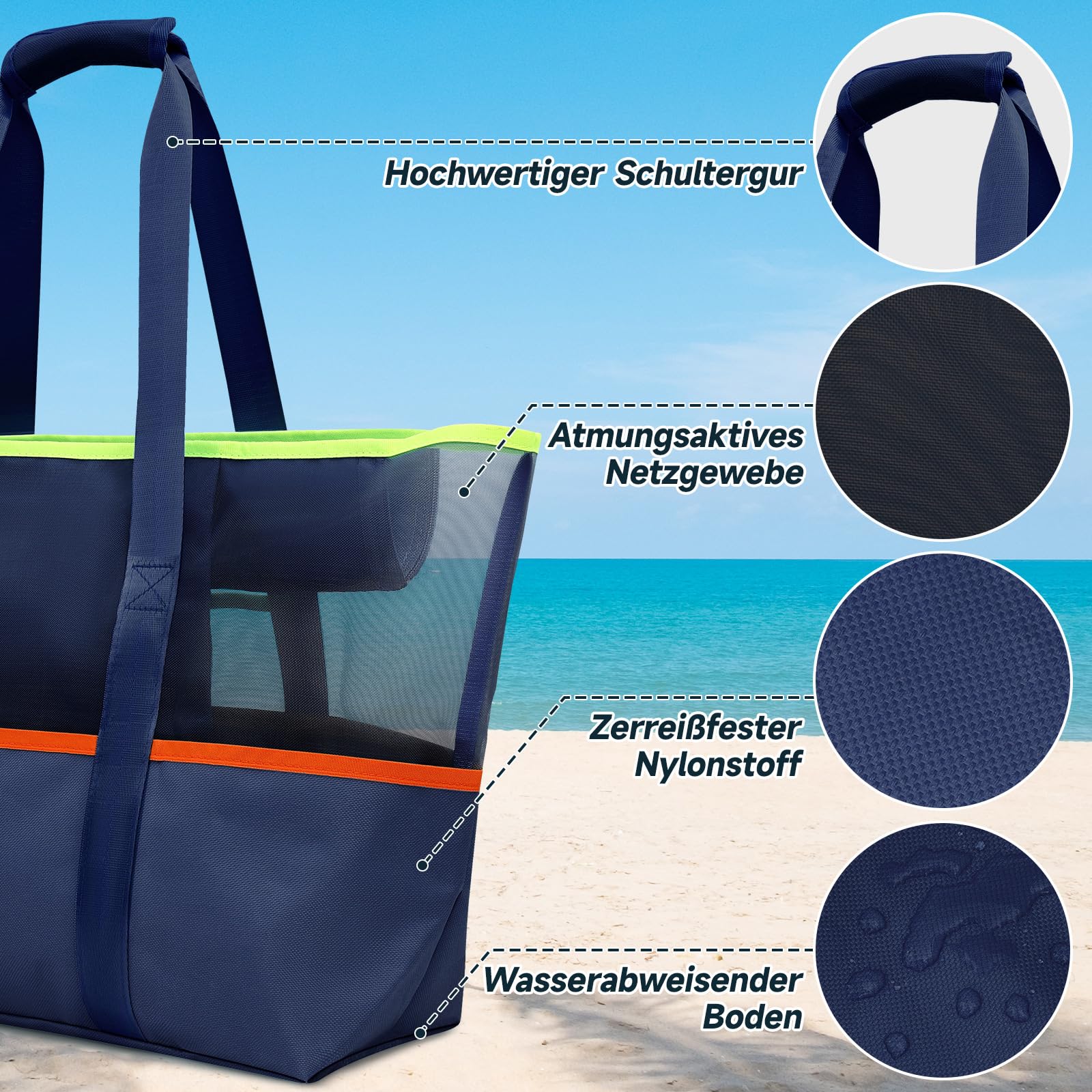 Torba plażowa XXL, torba plażowa z zamkiem błyskawicznym, torba na zakupy, damska duża torba łazienkowa, na podróż, zakupy i na co dzień, niebieski, l