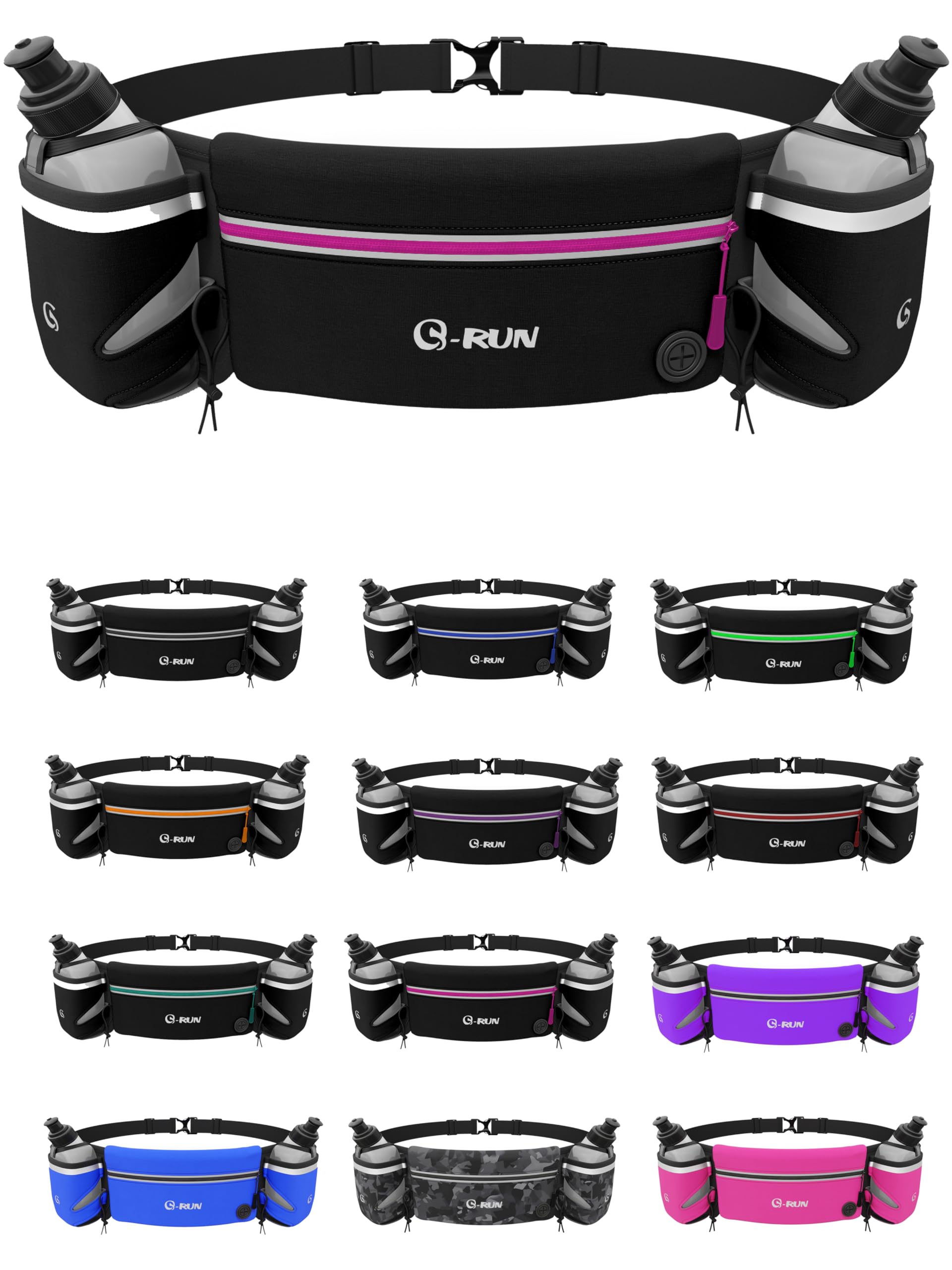 Hydration Running Belt with 2x10oz Bottles - Water Belts for Woman and Men - iPhone Belt for Any Phone Size - Fuel Marathon Waist Pouch for Runners -