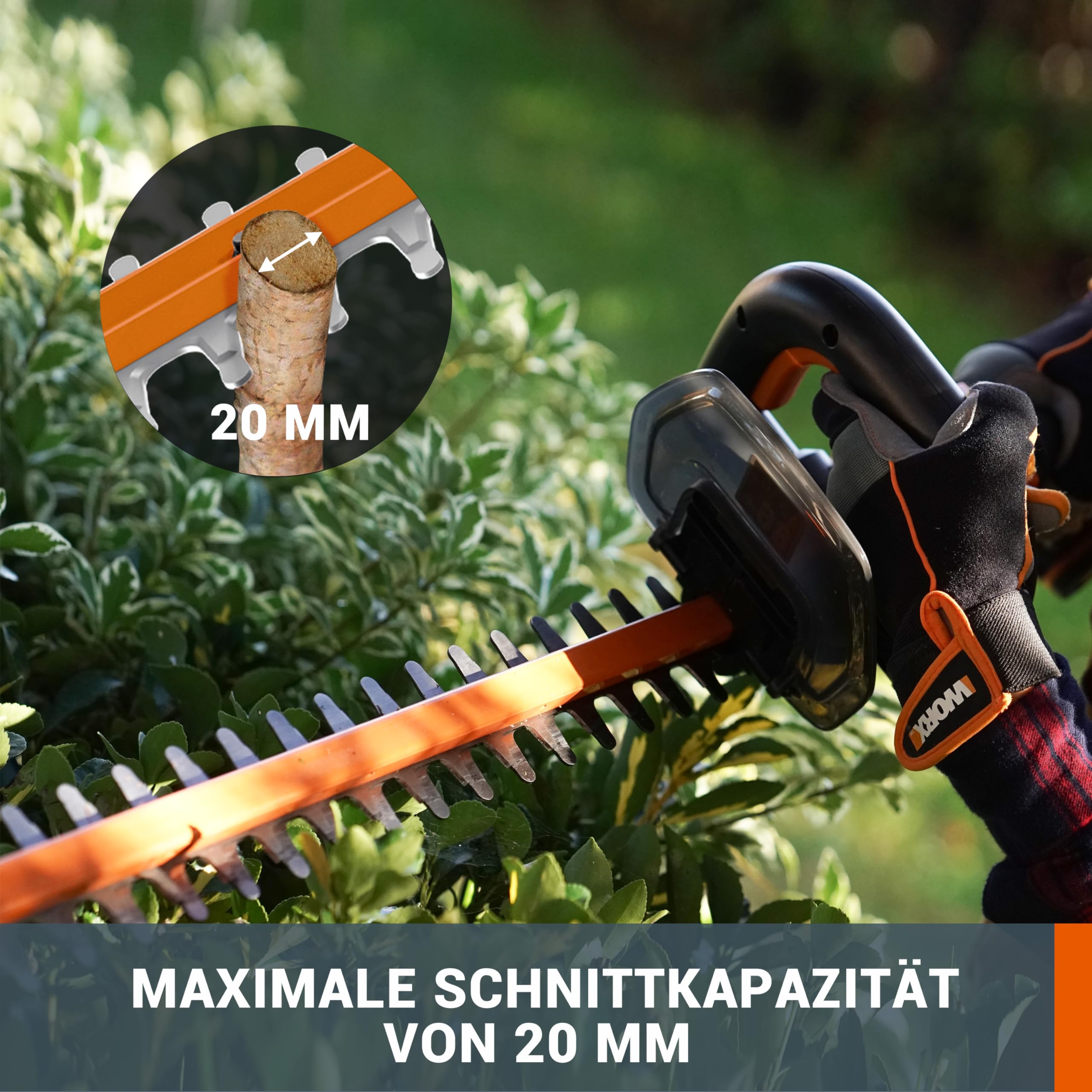 WORX WG264E.9 Akku-Heckenschere 20V - effizienter & präziser Schnitt durch hochwertige Doppel Klinge - 56 cm Schwertlänge – 20mm Zahnabstand - Messerspitzenschutz - ohne Akku & Ladegerät