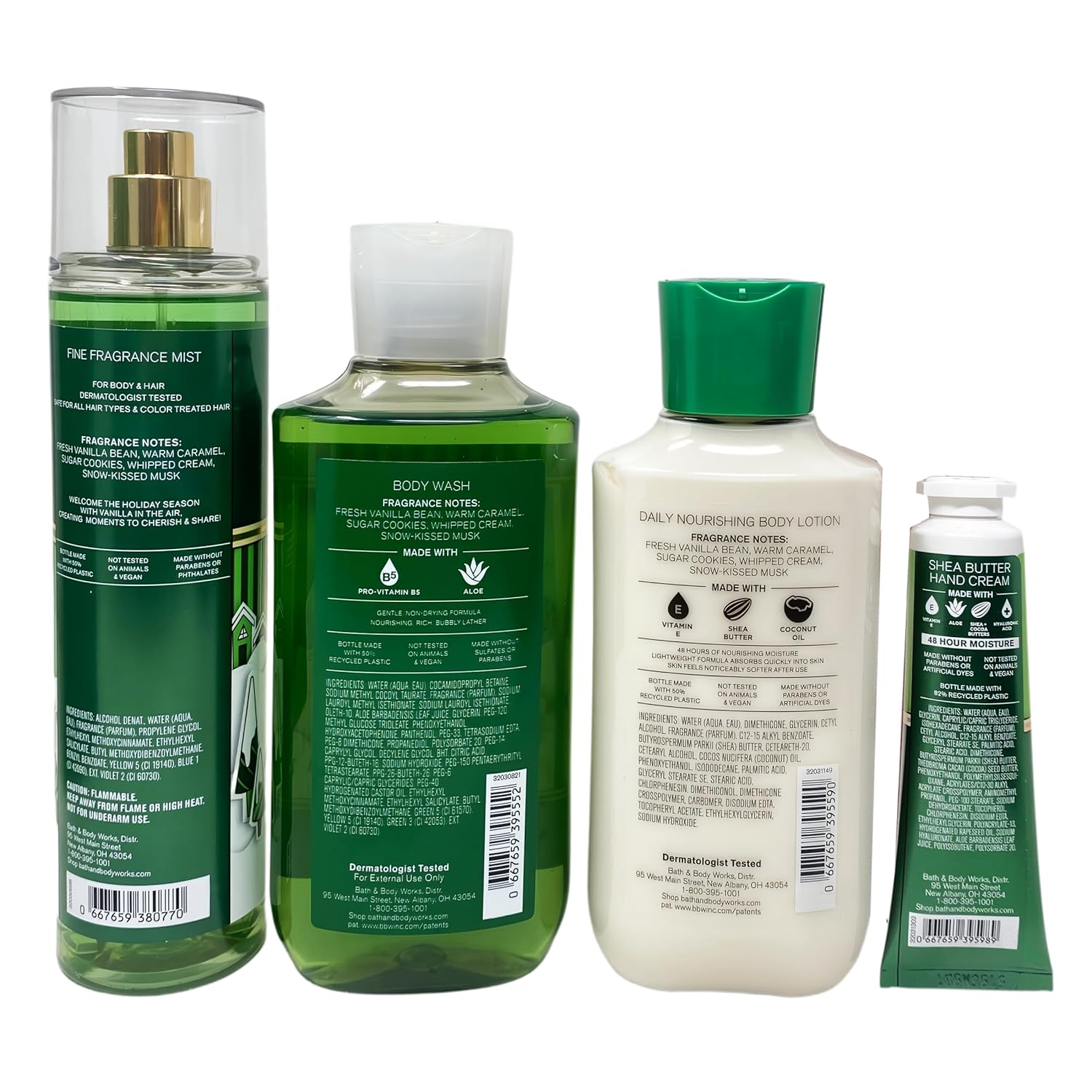 Bath & Body Works Vanilla Bean Noel Gift Bag Set - Fragrance Mist, Body Wash, Body Lotion and Hand Cream - with a Peach Gardenia Sample Soap